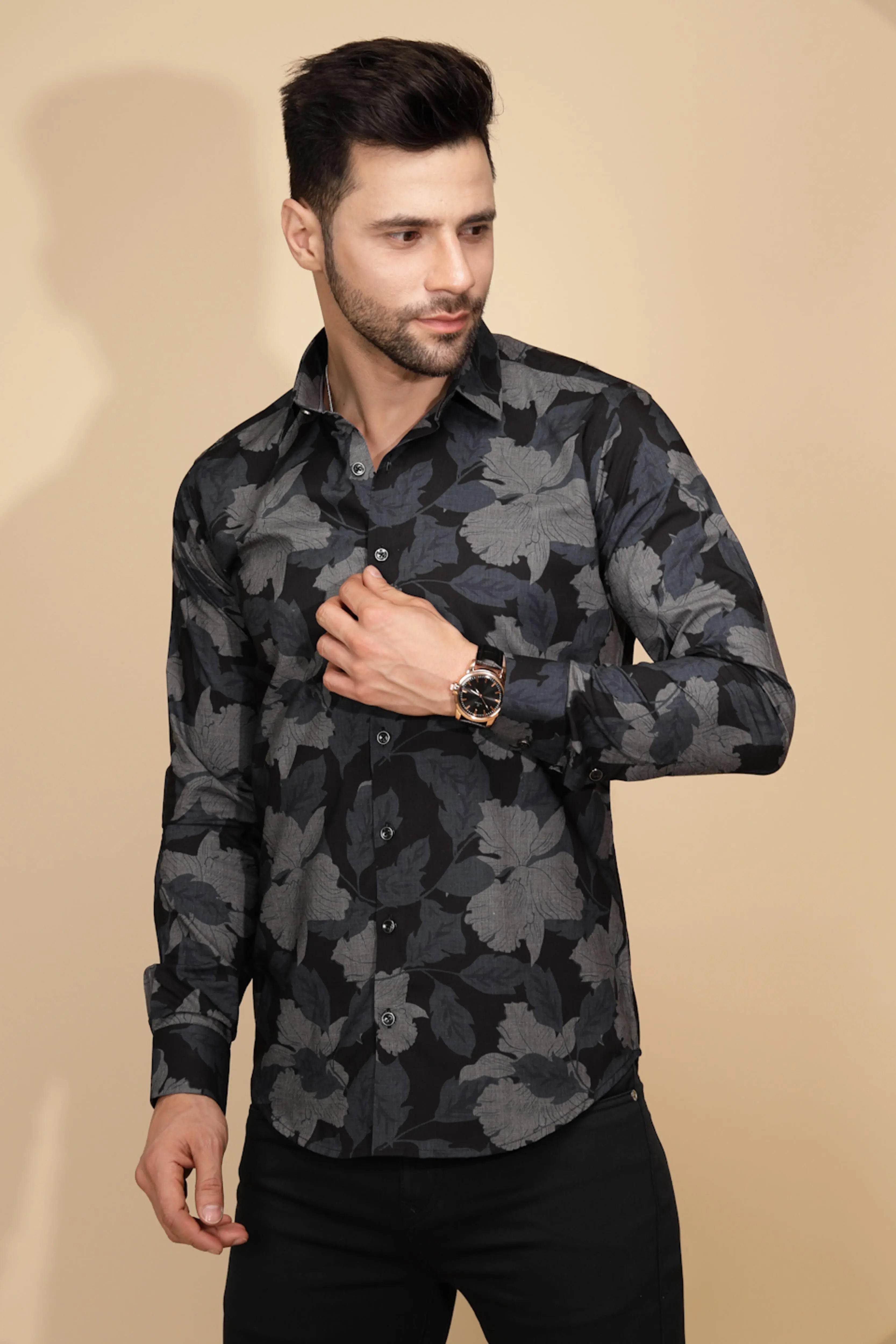 Black Cotton Regular Fit Shirt For Mens - Global Republic