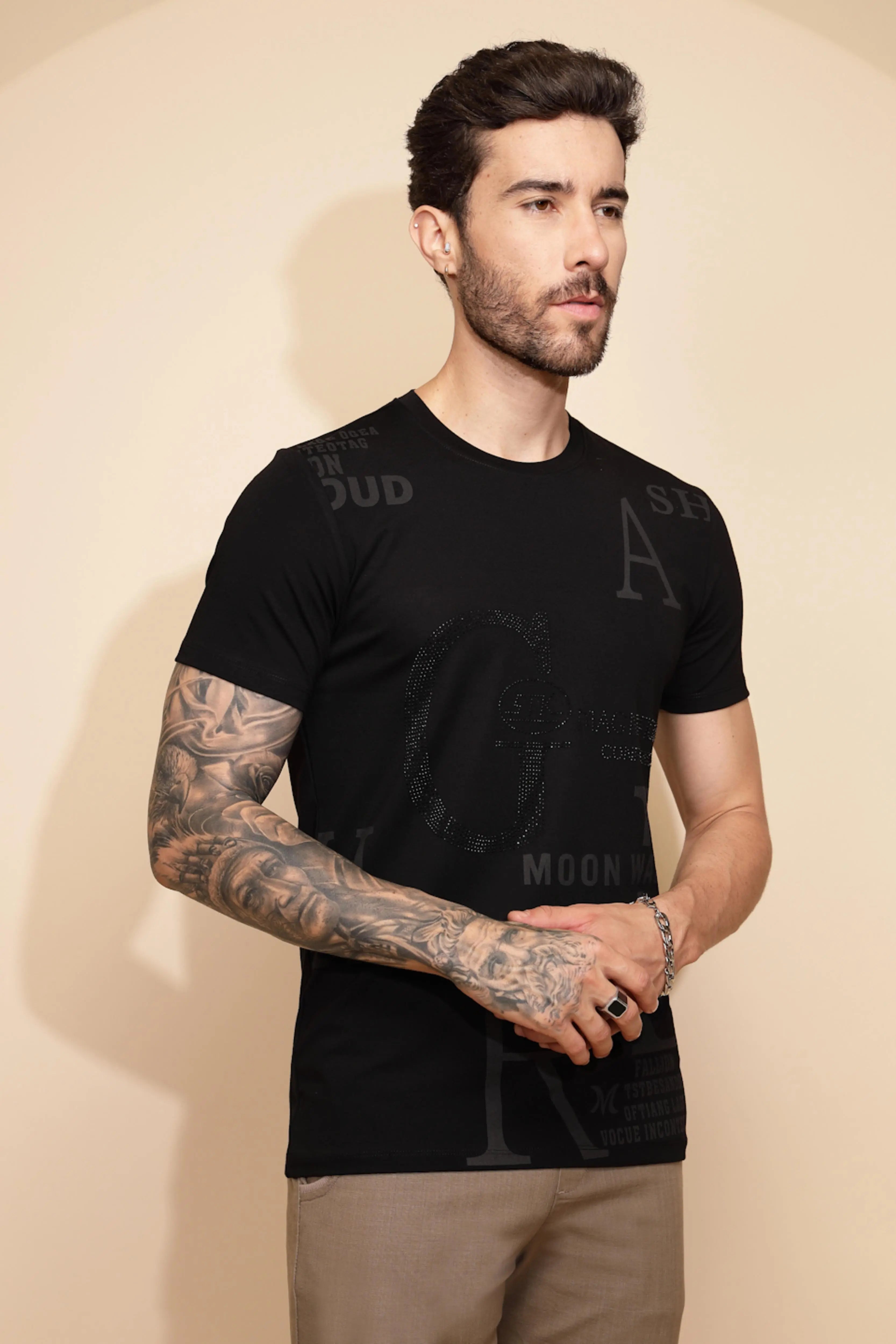 Black Viscose Blend Regular Fit T-Shirt - Global Republic