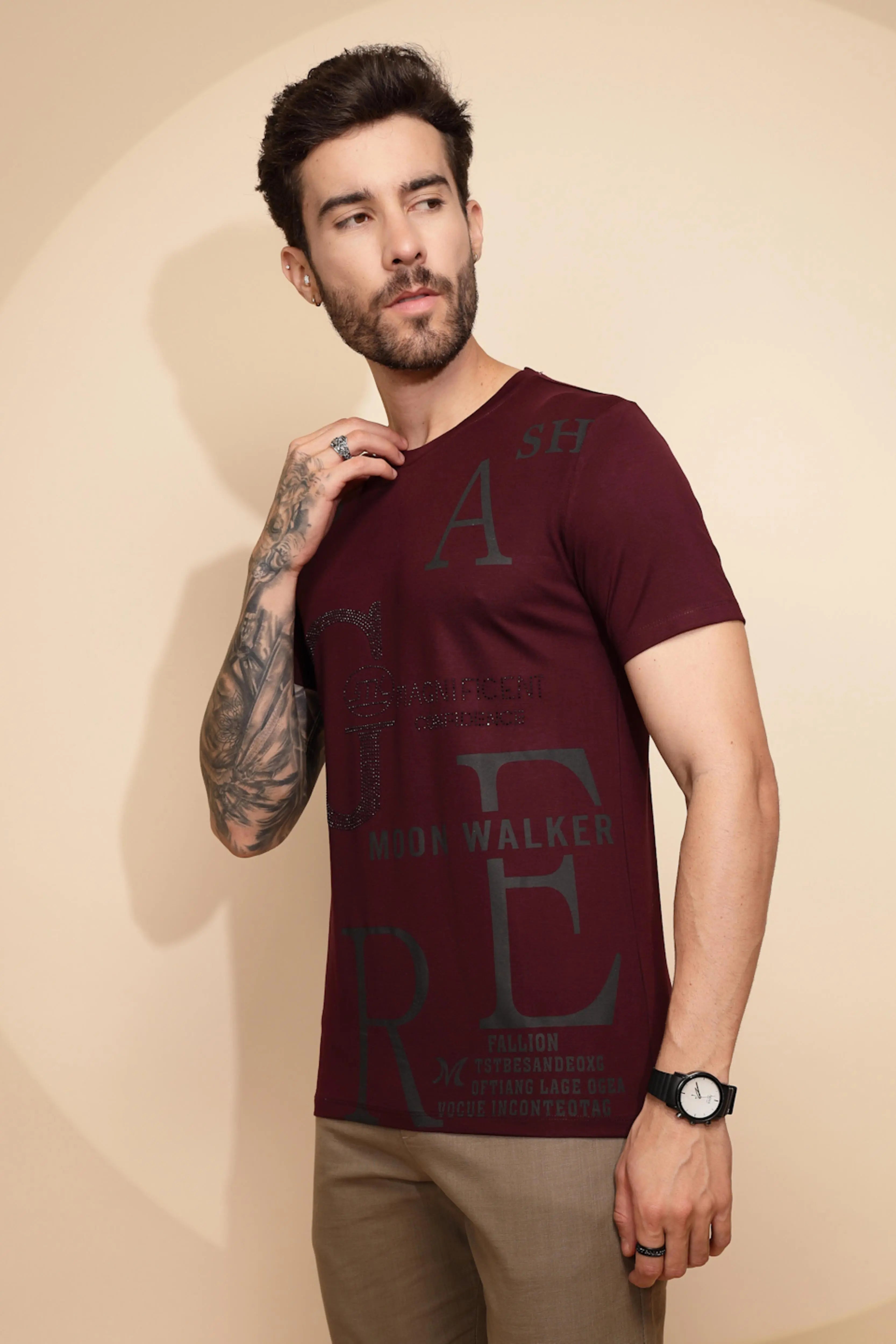 Maroon Viscose Blend  Regular Fit T-Shirt For Men - Global Republic