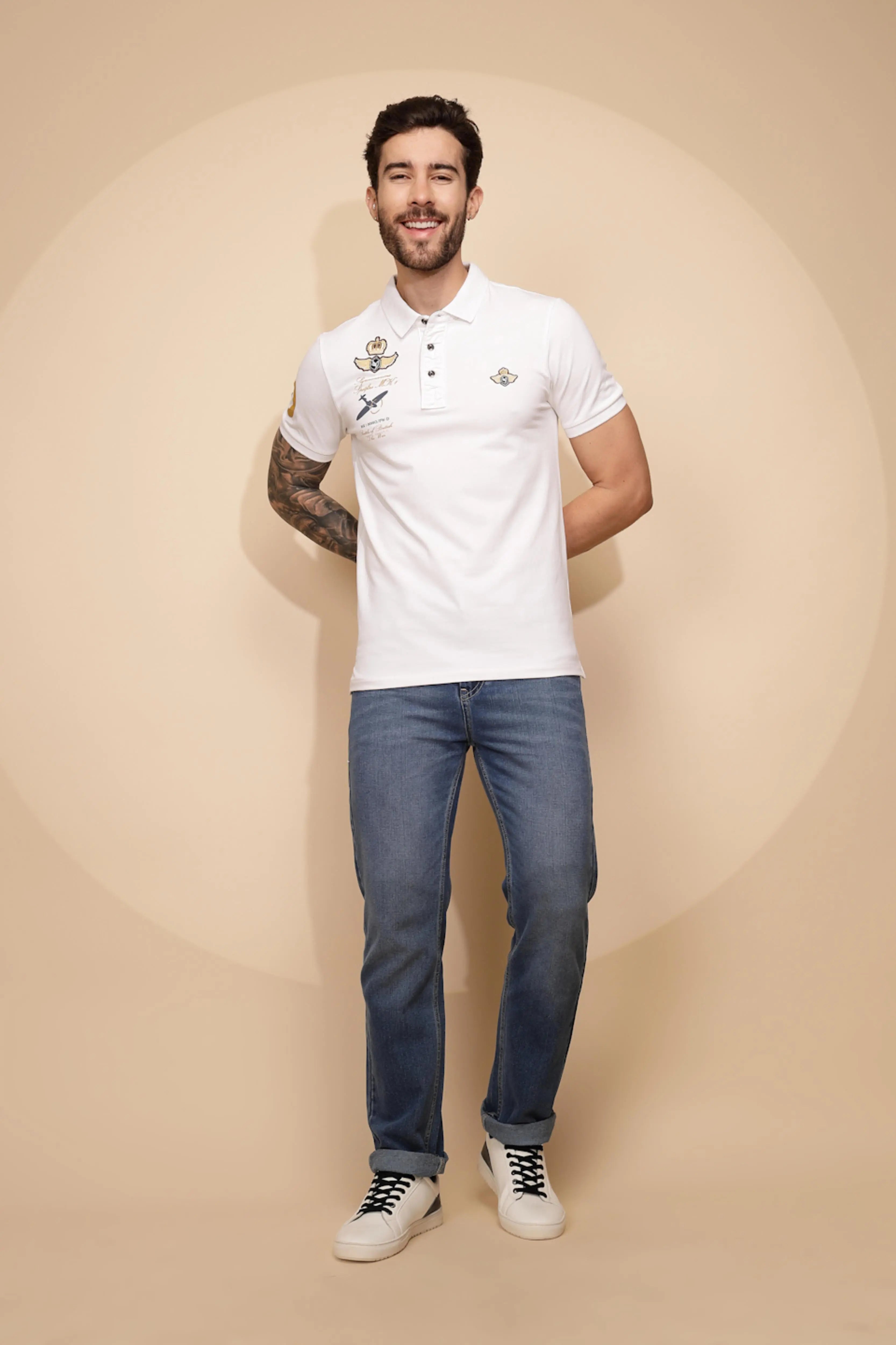 White Regular Fit Cotton Blend T-Shirt - Global Republic