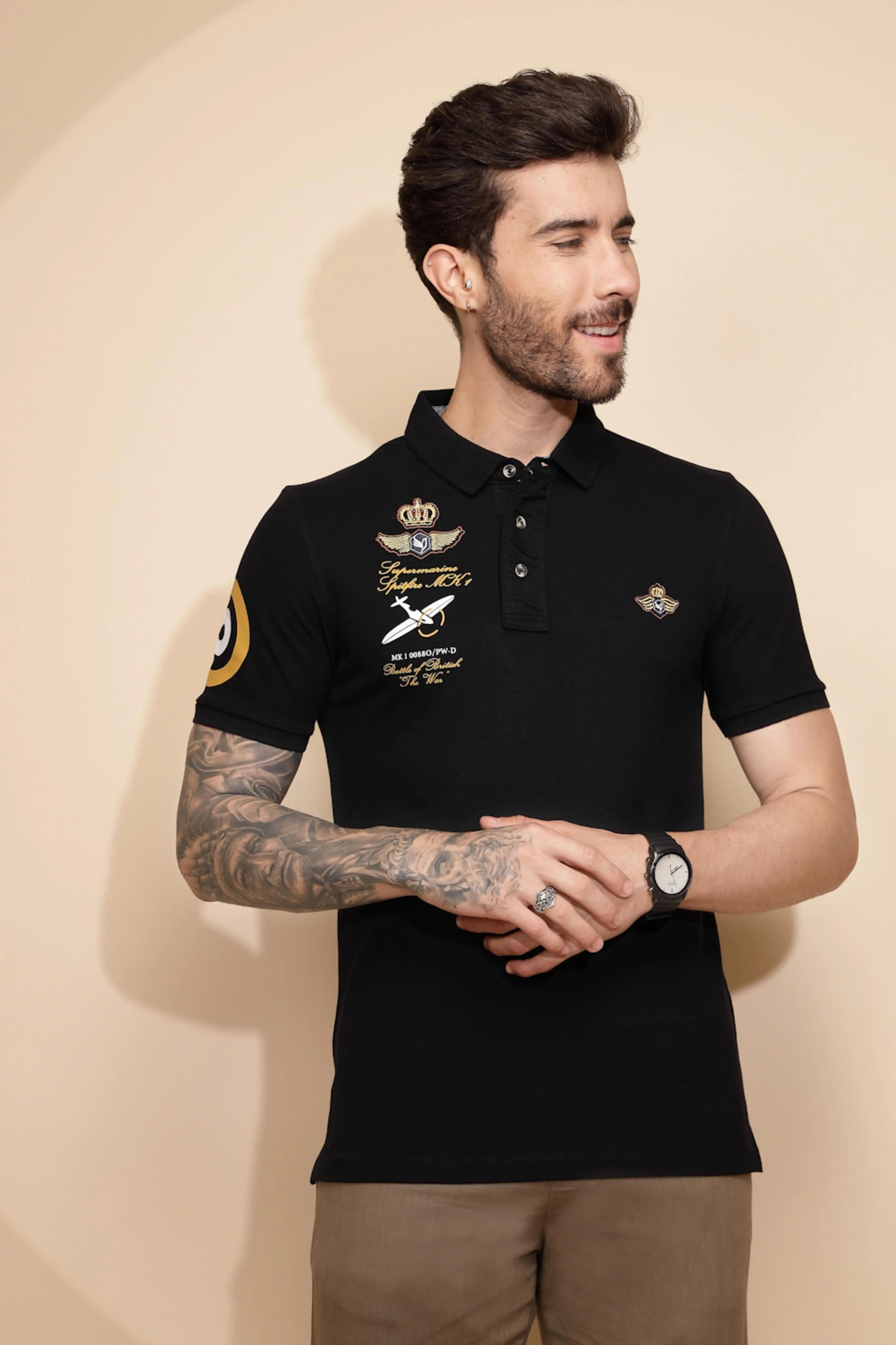 Black Cotton Blend Regular Fit T-Shirt For Men - Global Republic