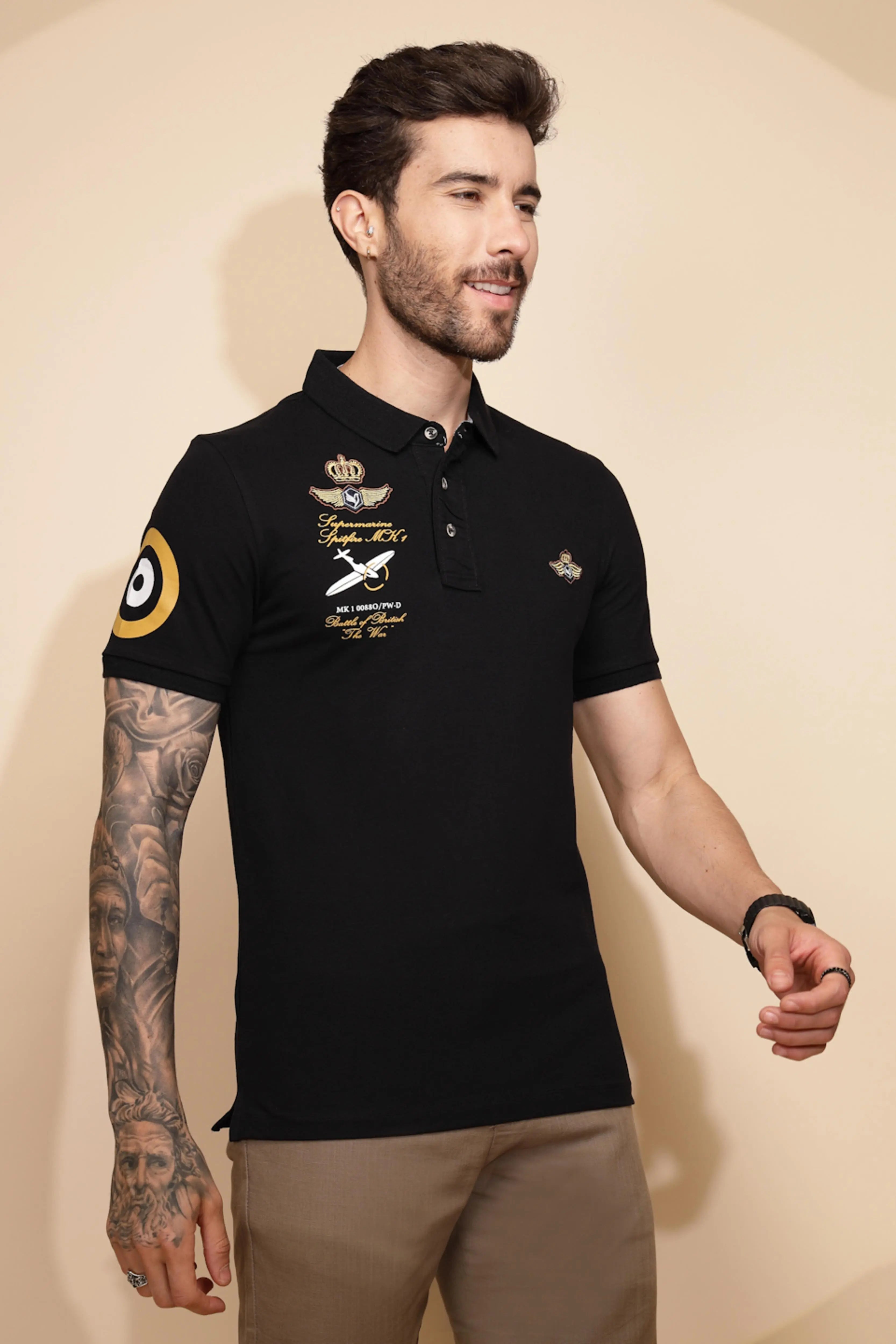 Black Cotton Blend Regular Fit T-Shirt For Men - Global Republic