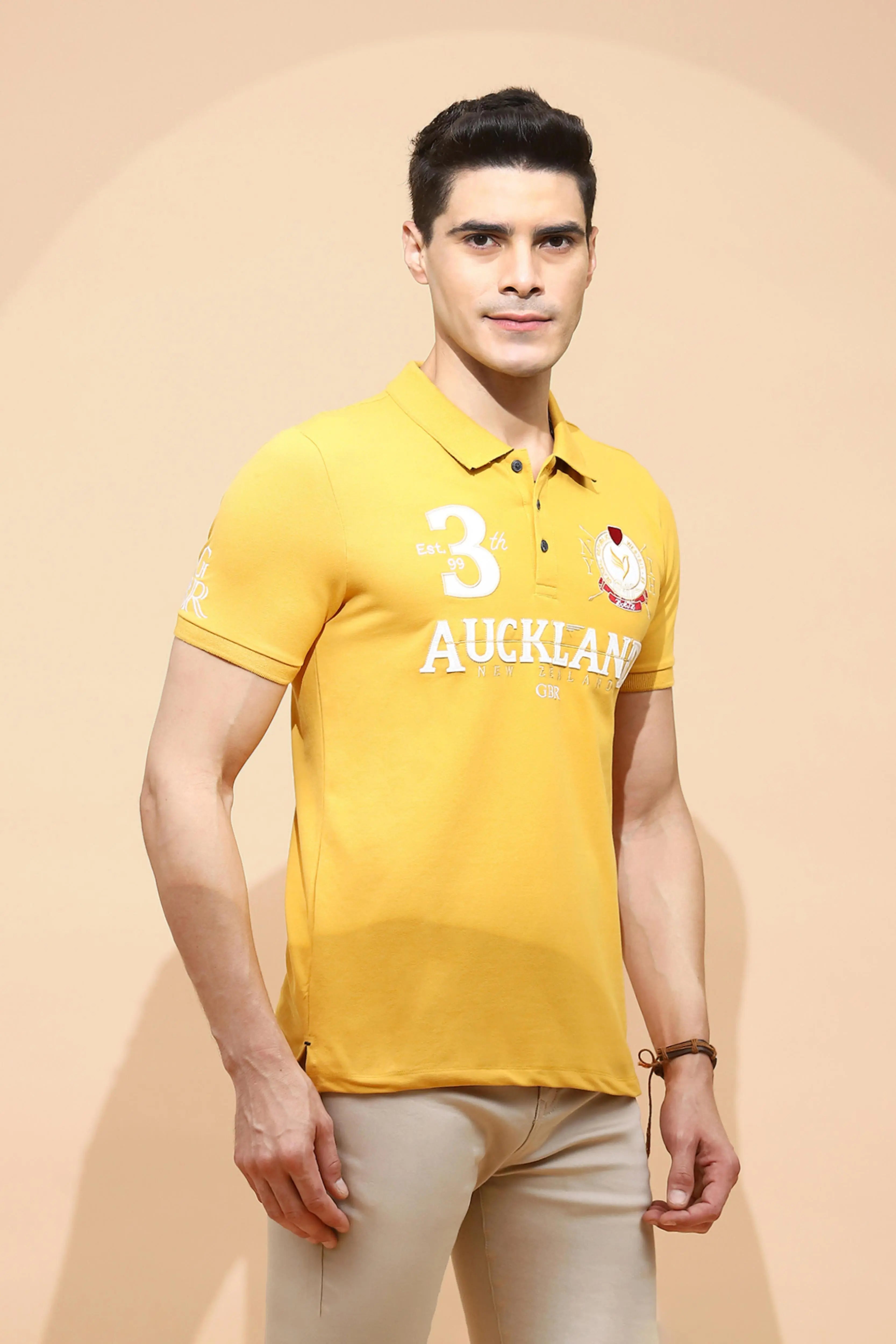 Mustard Cotton Blend Regular Fit T-Shirt For Men - Global Republic