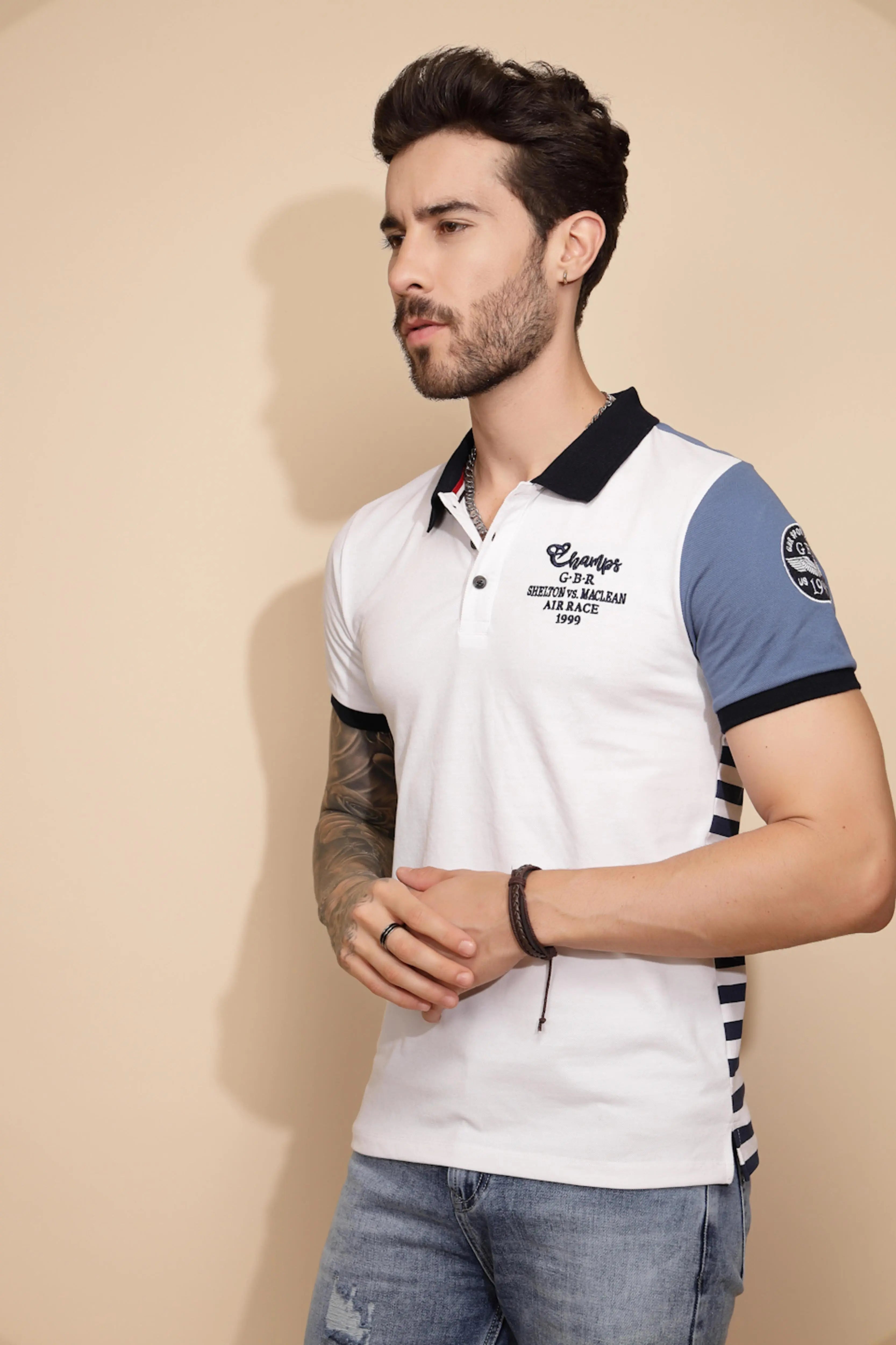 Blue Cotton Blend Regular Fit T-Shirt - Global Republic