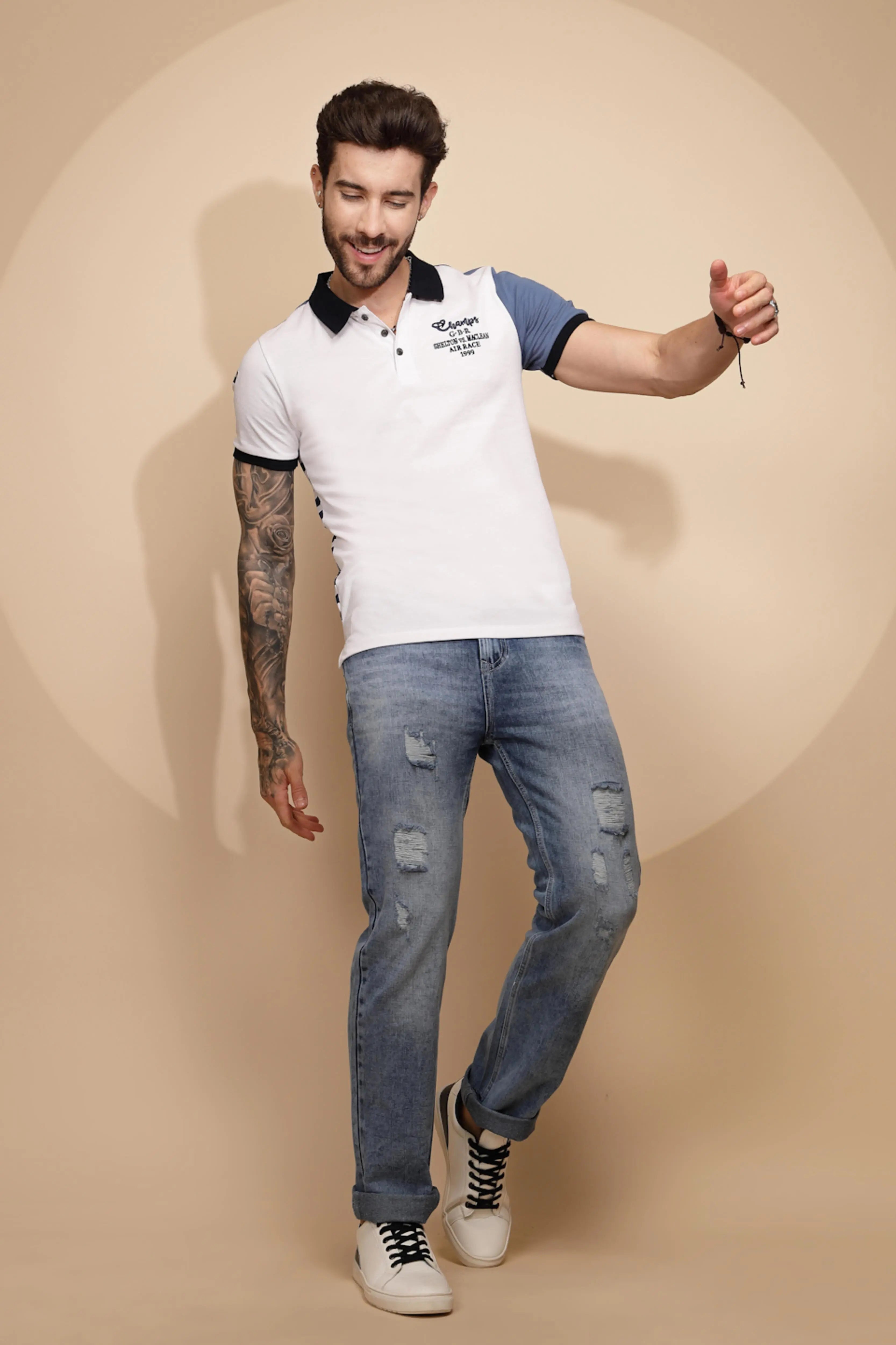 Blue Cotton Blend Regular Fit T-Shirt - Global Republic