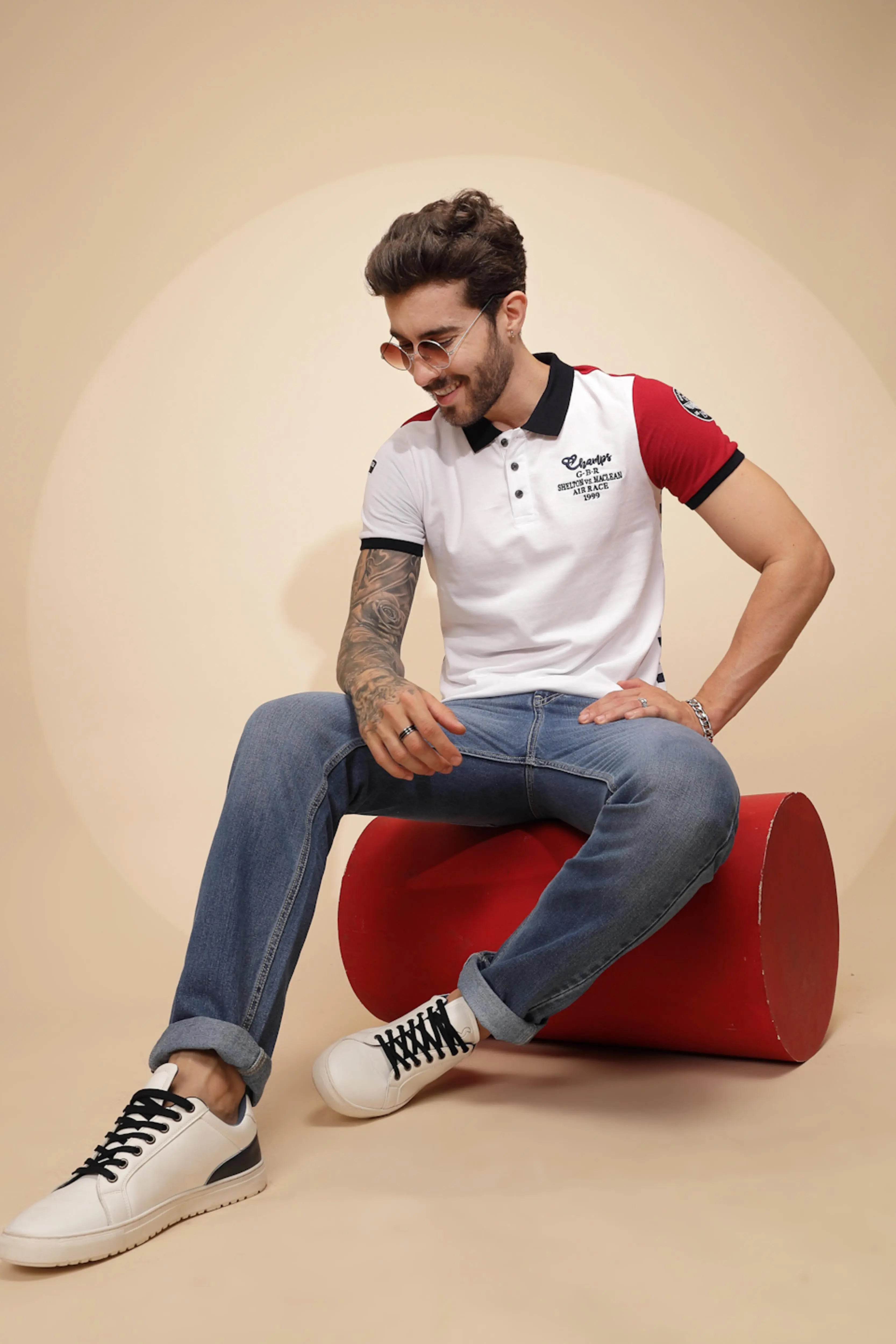 Red Cotton Blend Regular Fit T-Shirt For - Global Republic