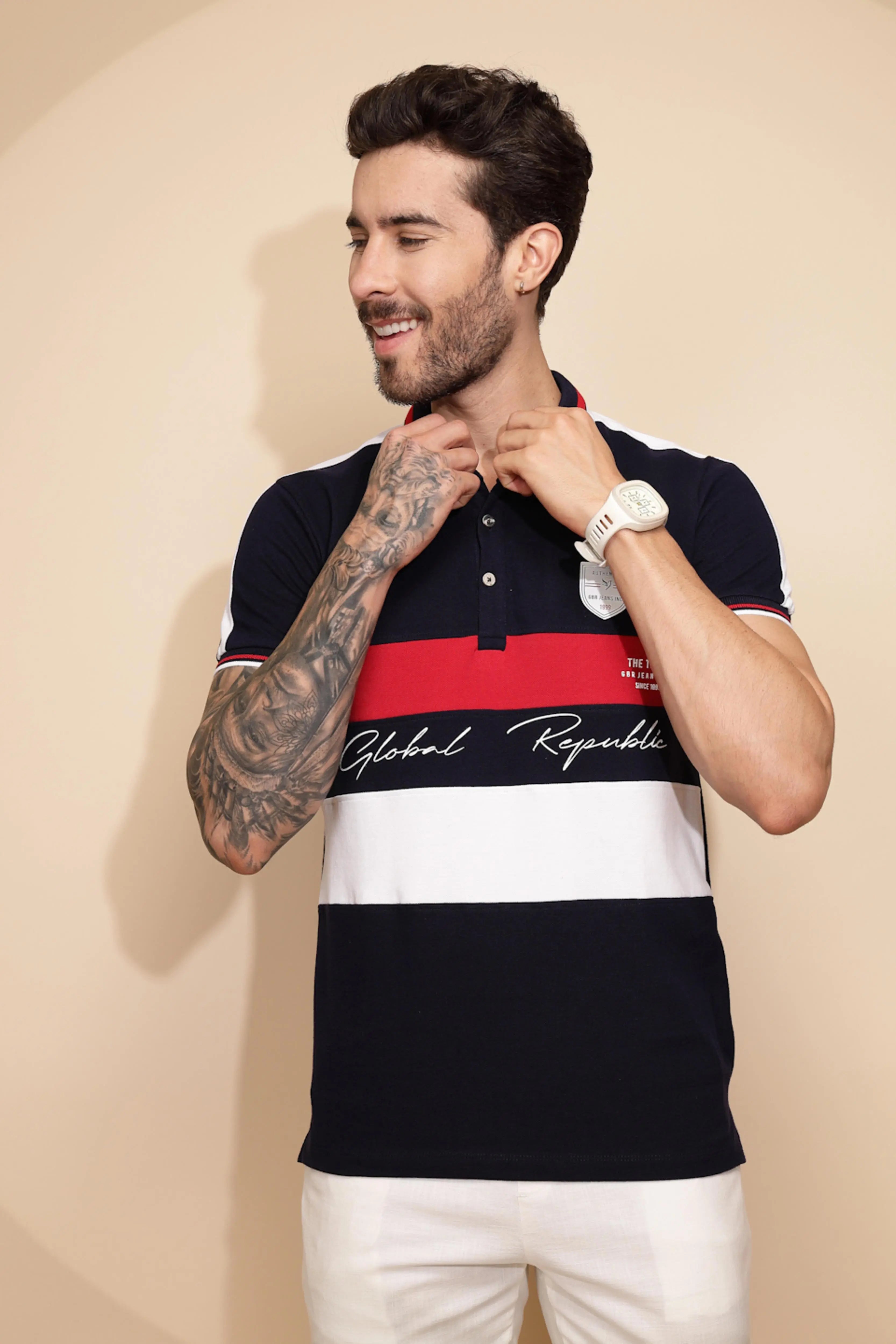Navy Blue Cotton Regular Fit T-Shirt - Global Republic