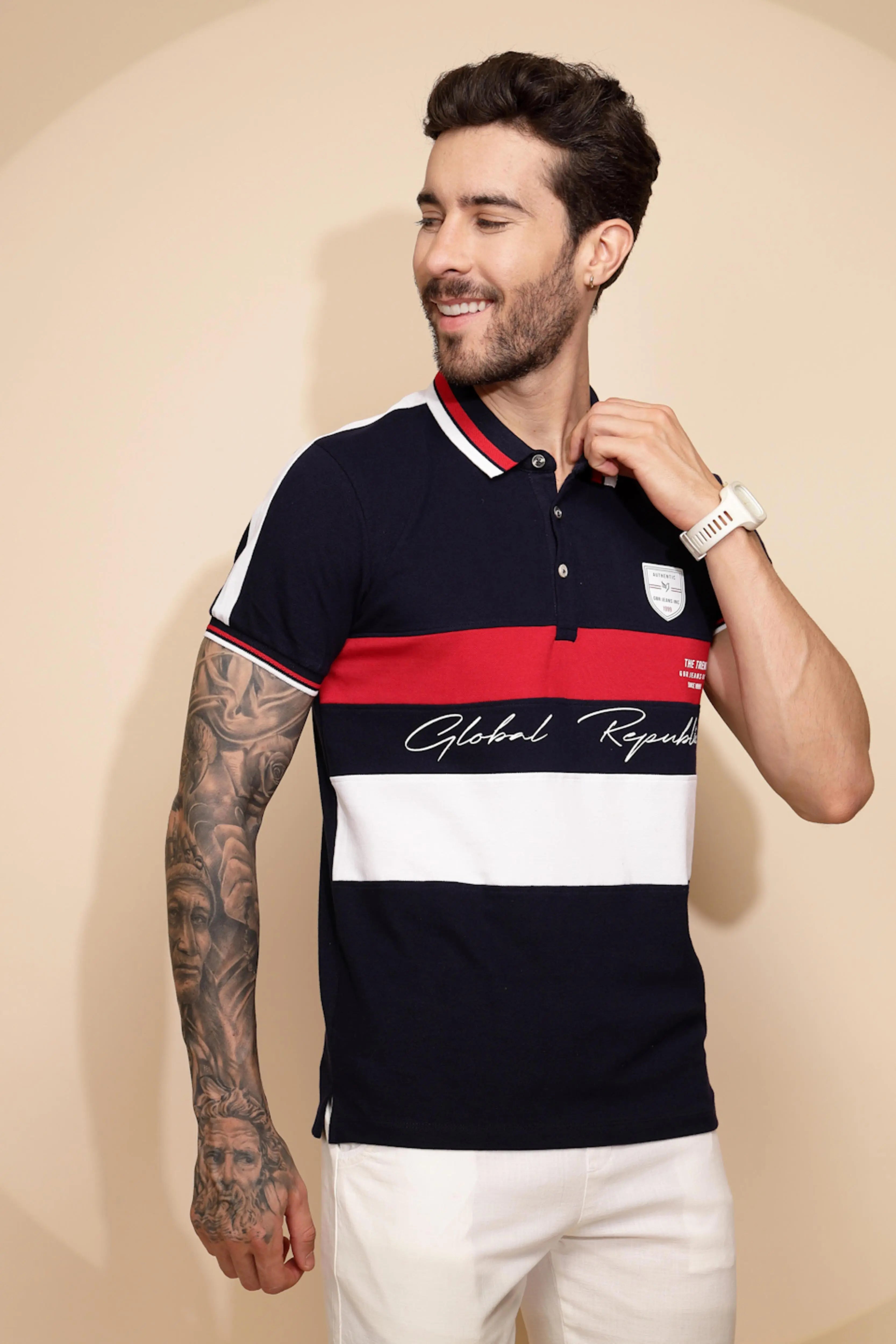 Navy Blue Cotton Regular Fit T-Shirt - Global Republic