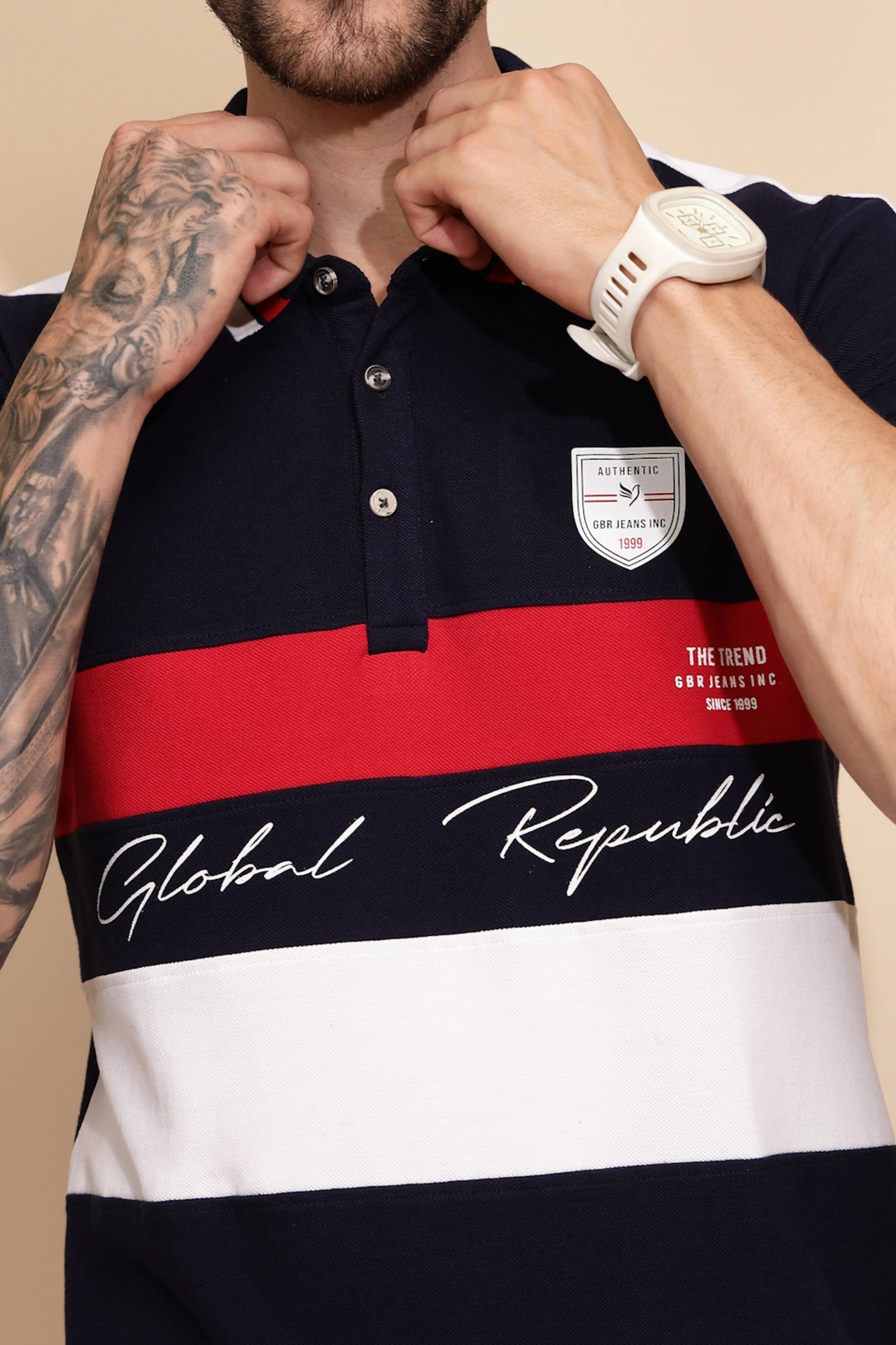Navy Blue Cotton Regular Fit T-Shirt - Global Republic