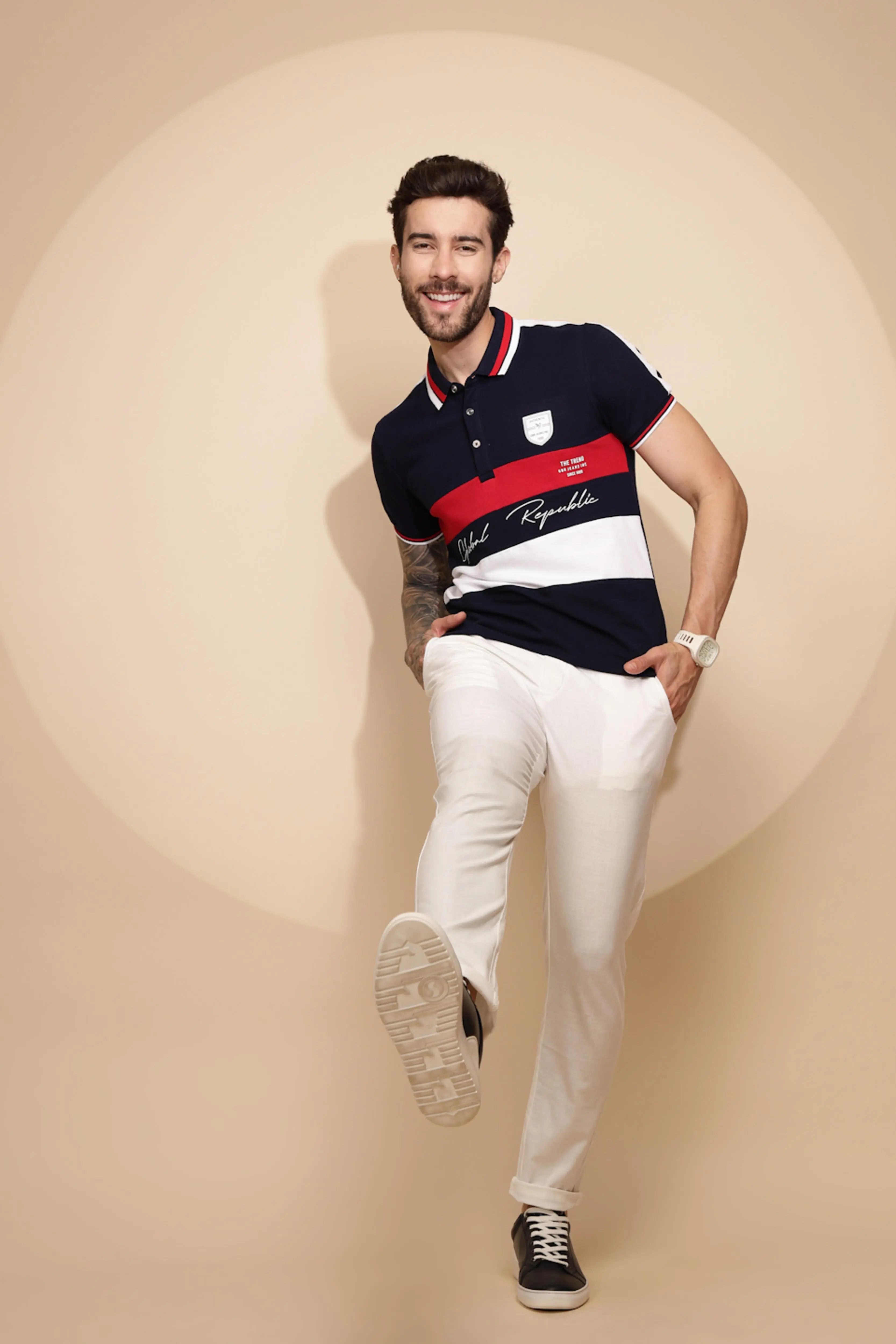 Navy Blue Cotton Regular Fit T-Shirt - Global Republic