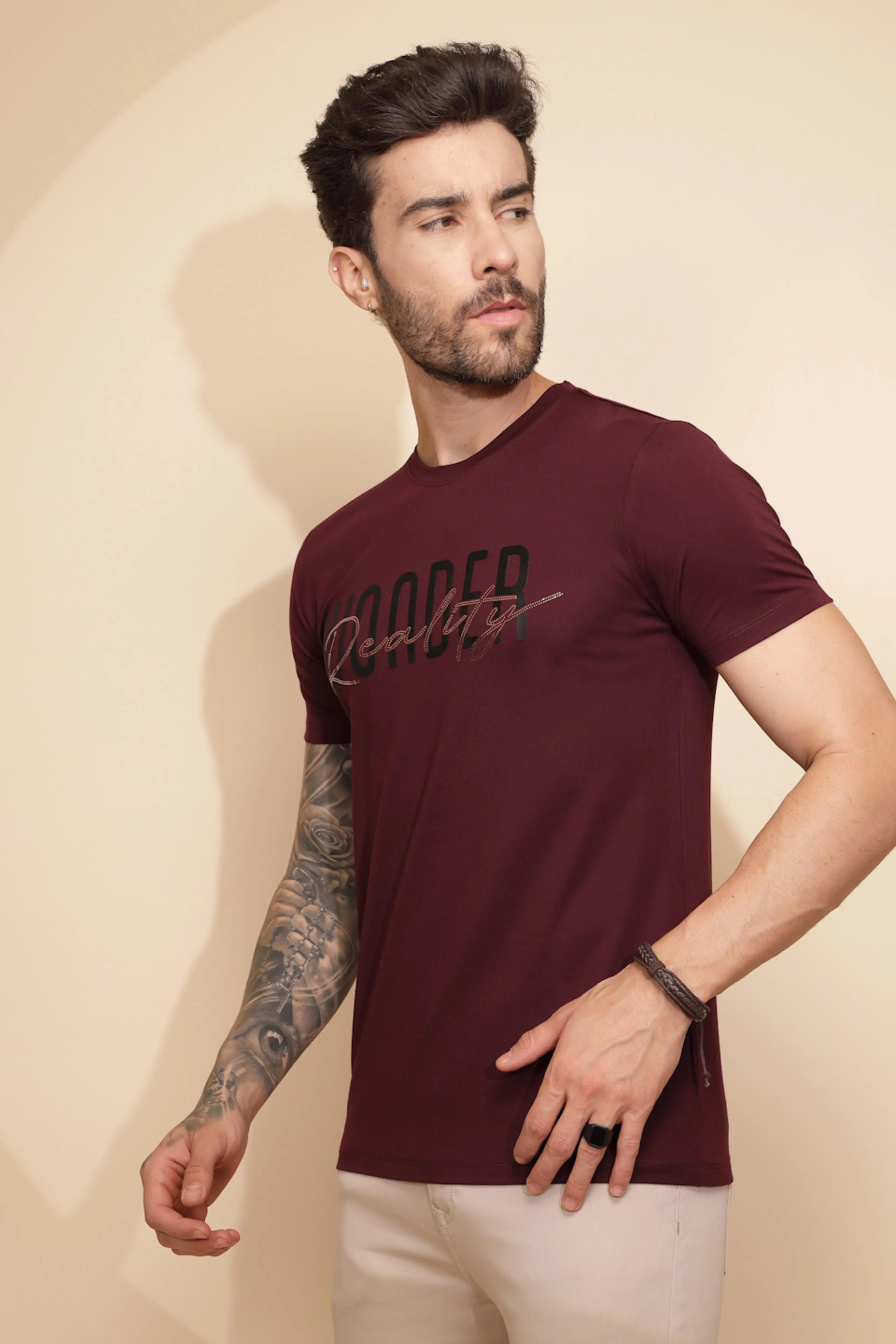 Wine Viscose Blend Blend Regular Fit T-Shirt For Men - Global Republic