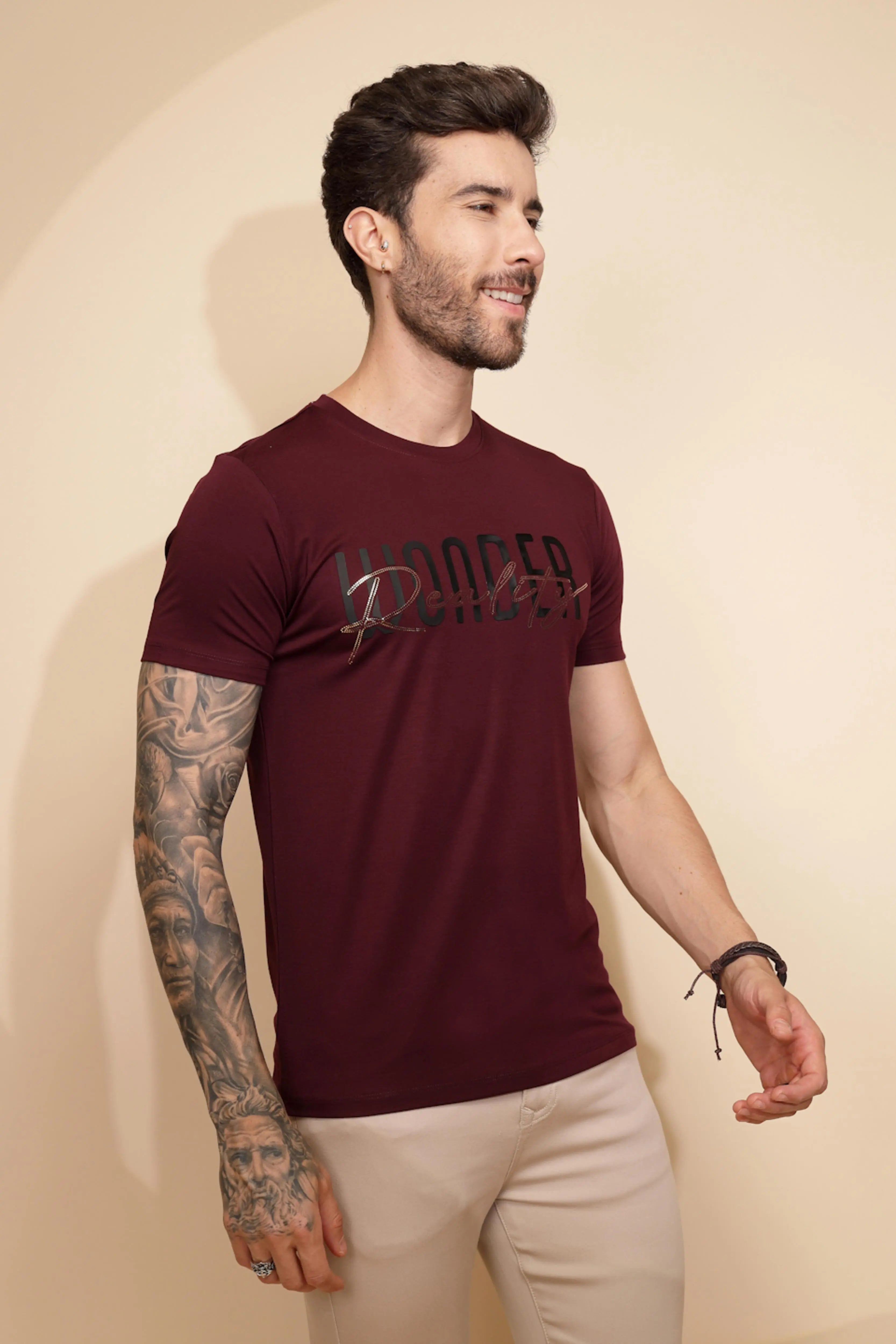 Wine Viscose Blend Blend Regular Fit T-Shirt For Men - Global Republic
