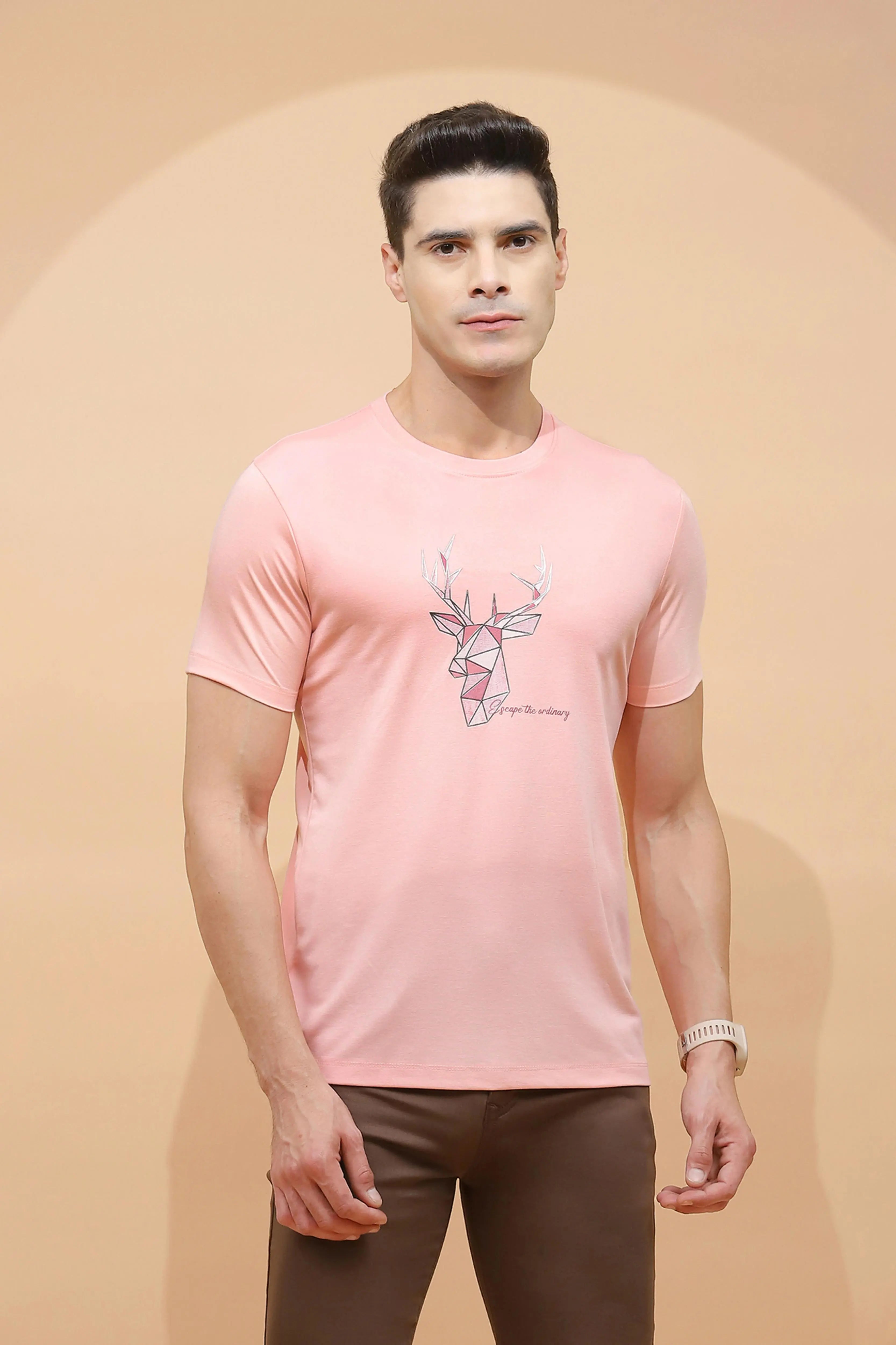 Peach Viscose  Regular Fit T-Shirt - Global Republic