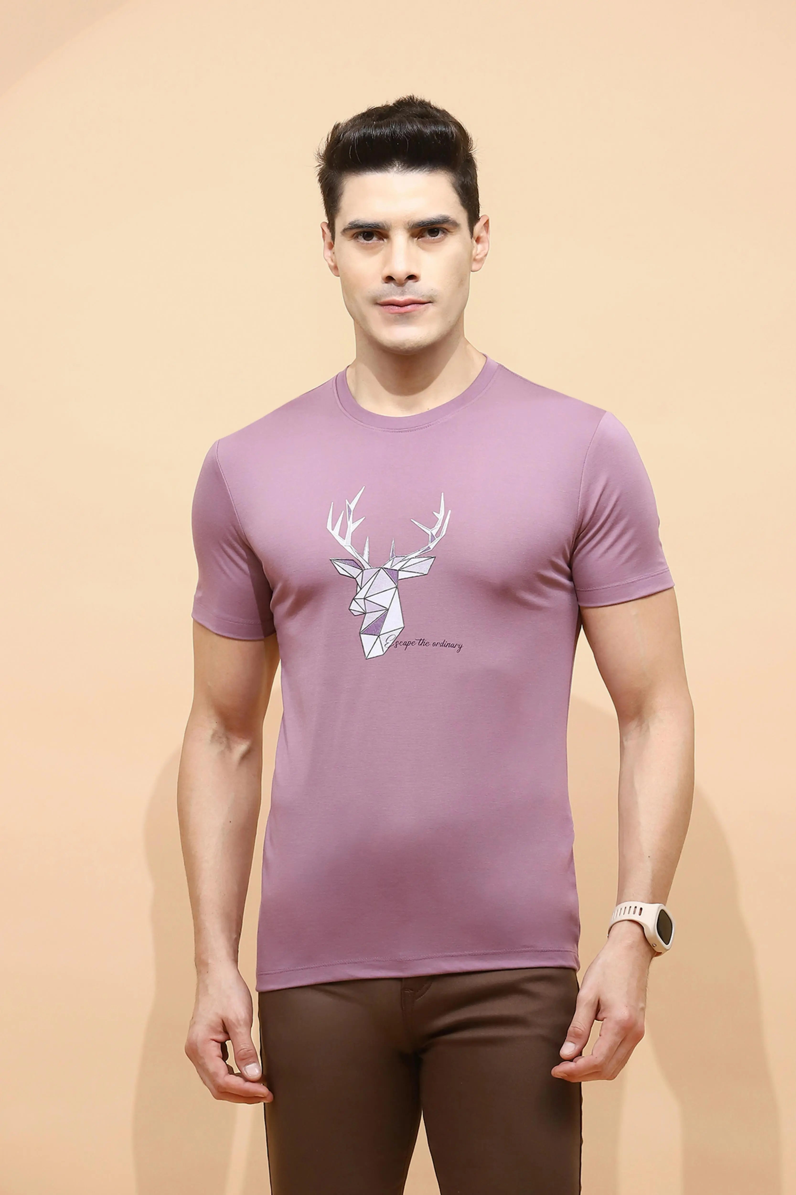 Mauve Viscose Blend Regular Fit T-Shirt For Men - Global Republic