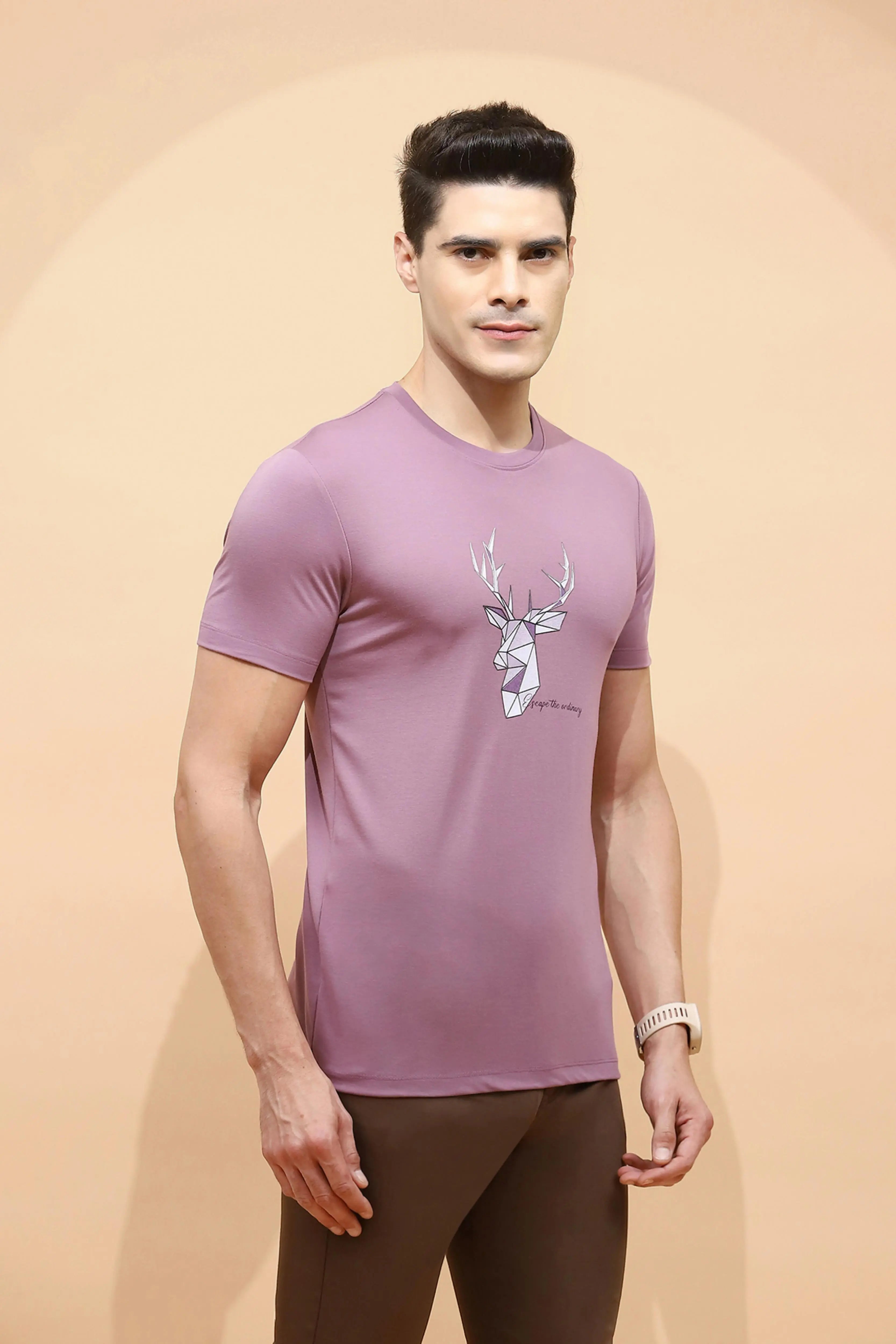 Mauve Viscose Blend Regular Fit T-Shirt For Men - Global Republic