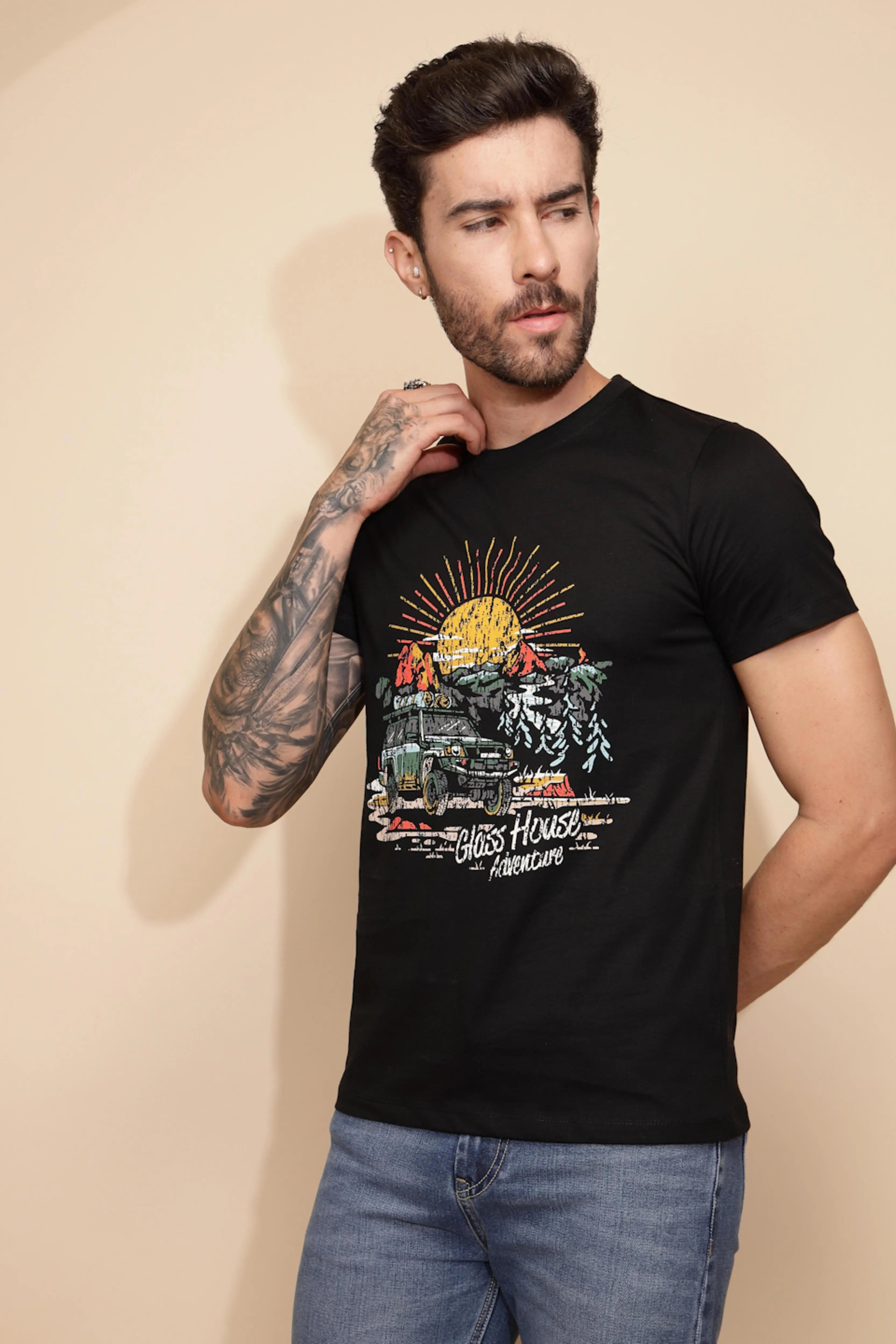 Black Cotton Regular Fit T-Shirt For Men - Global Republic