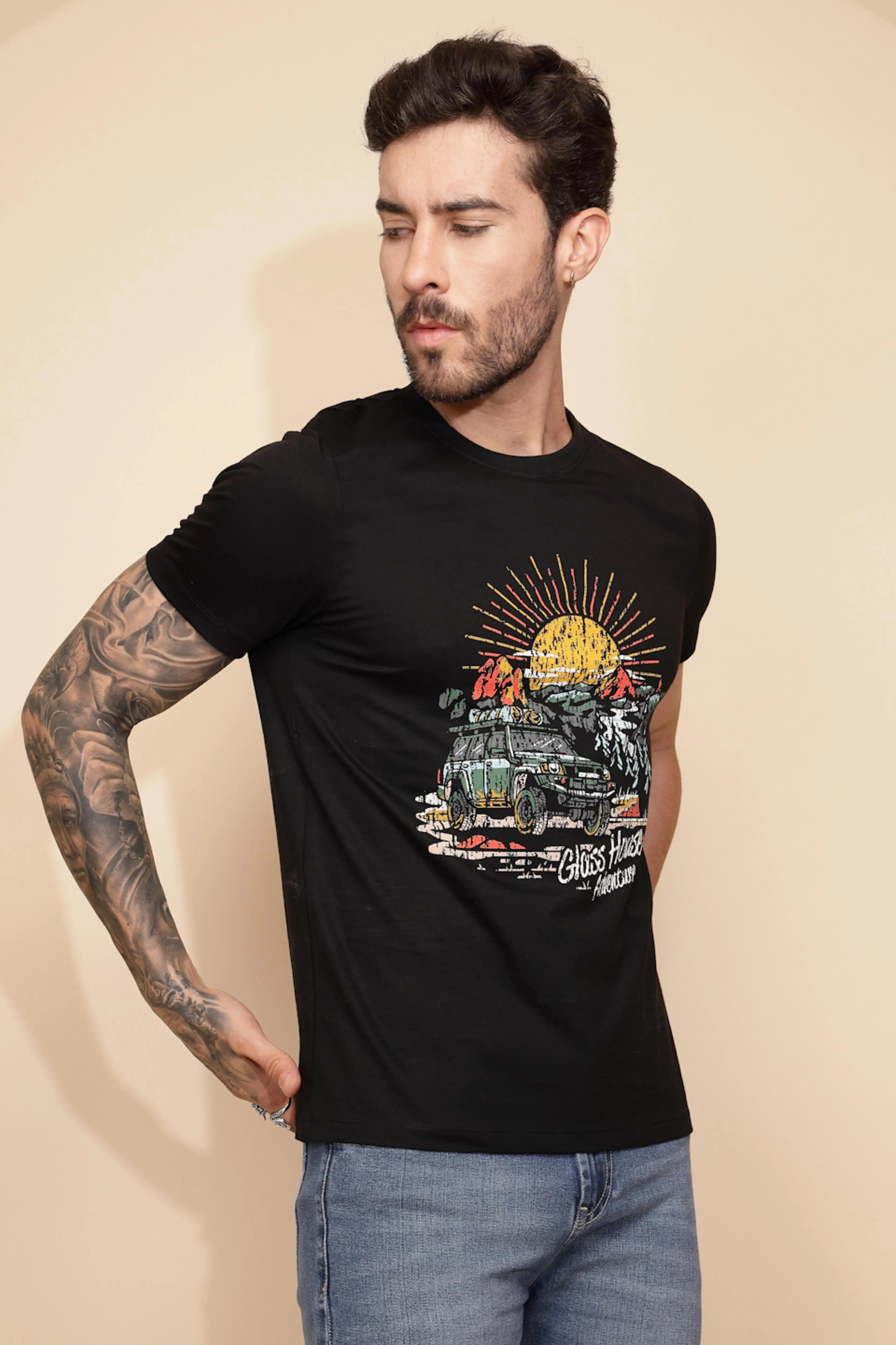 Black Cotton Regular Fit T-Shirt For Men - Global Republic