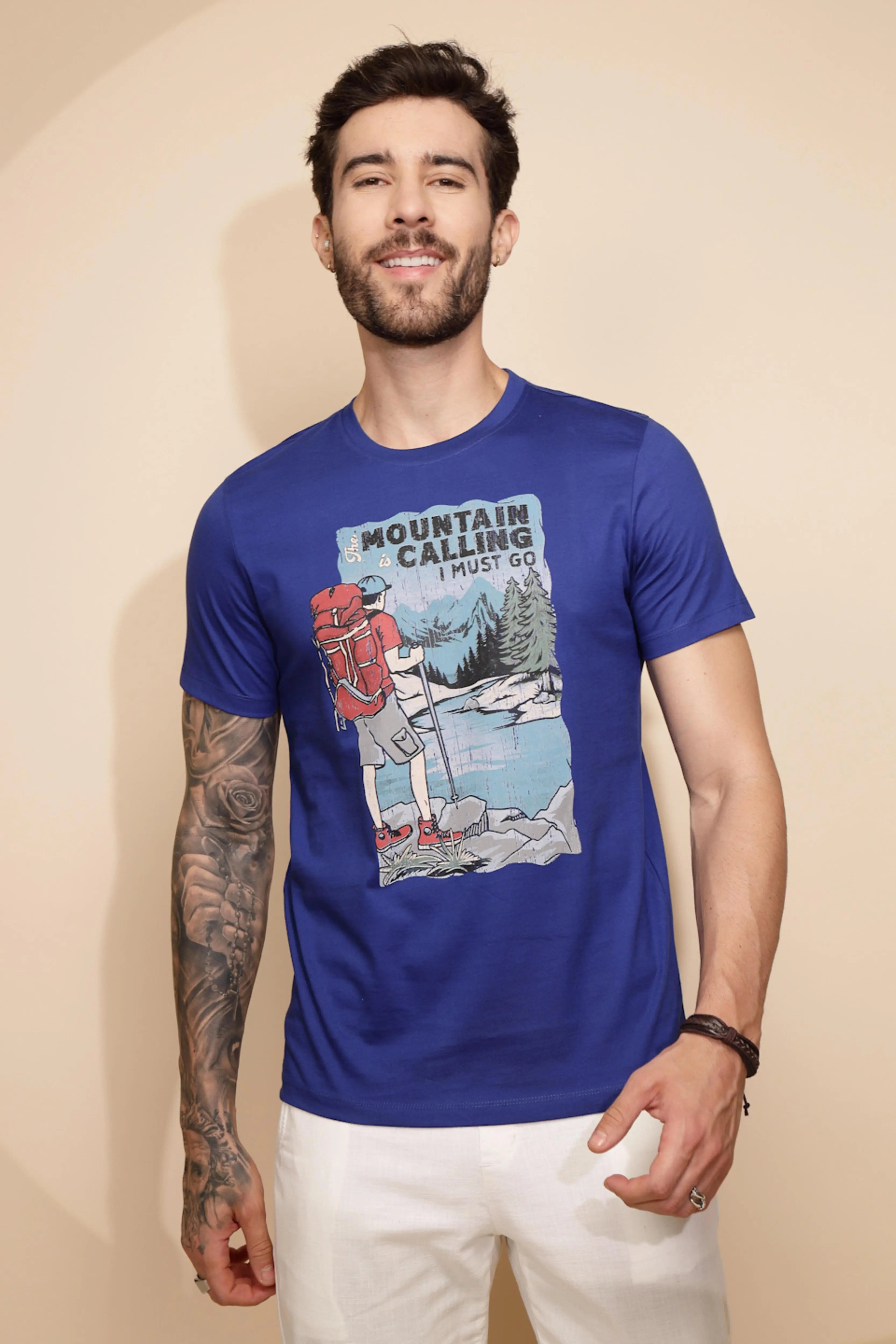 Blue Cotton Regular Fit T-Shirt For Men - Global Republic