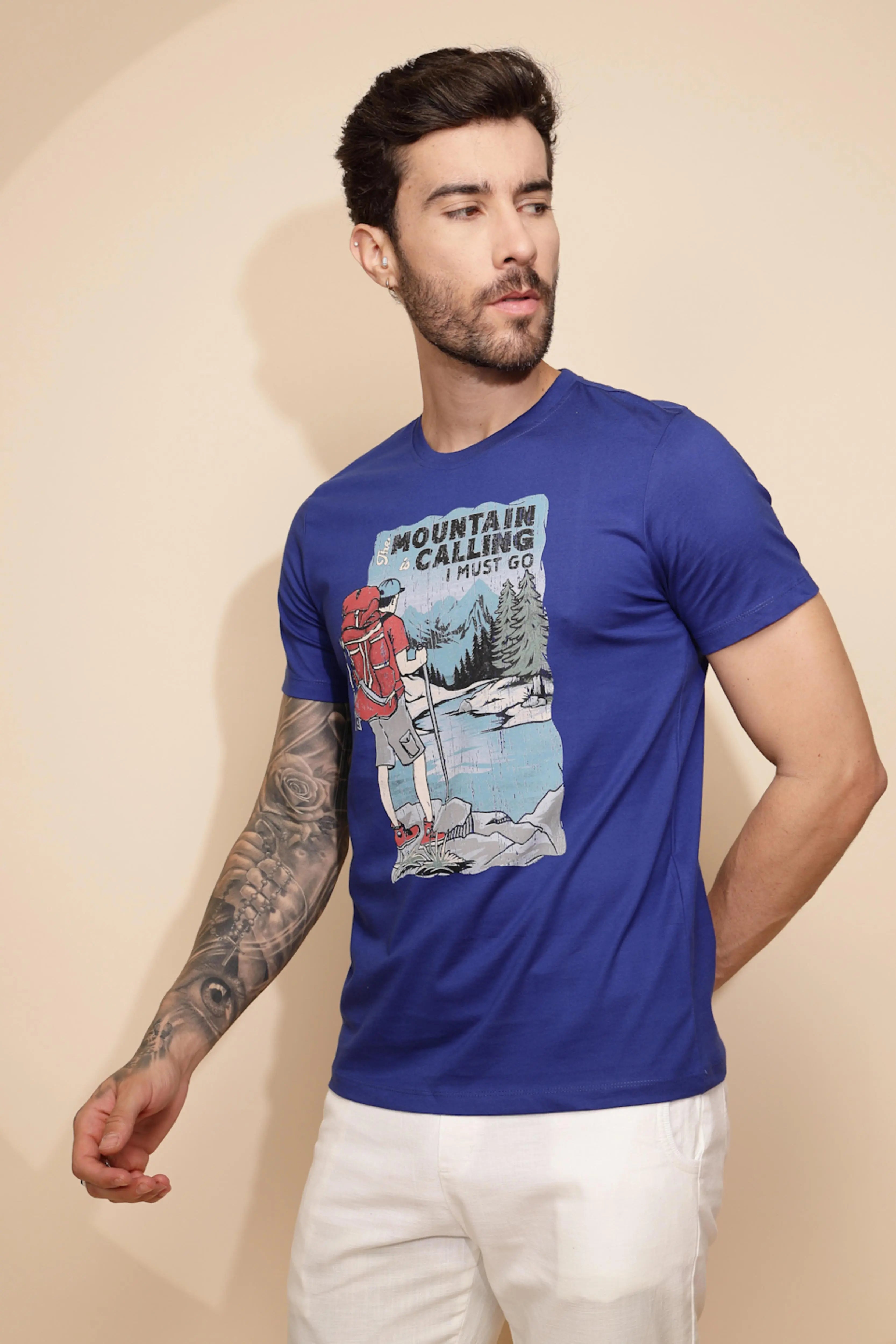 Blue Cotton Regular Fit T-Shirt For Men - Global Republic