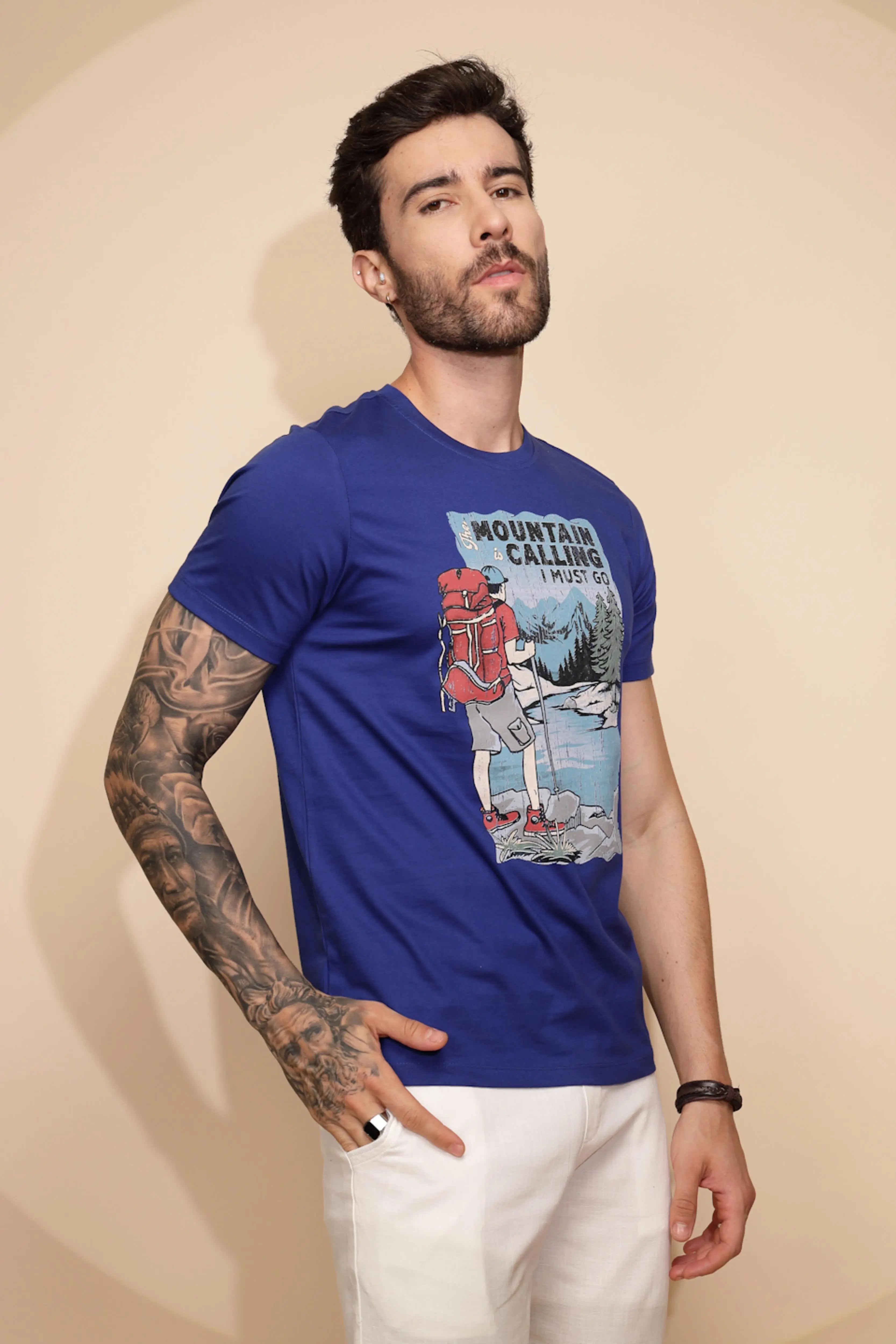 Blue Cotton Regular Fit T-Shirt For Men - Global Republic
