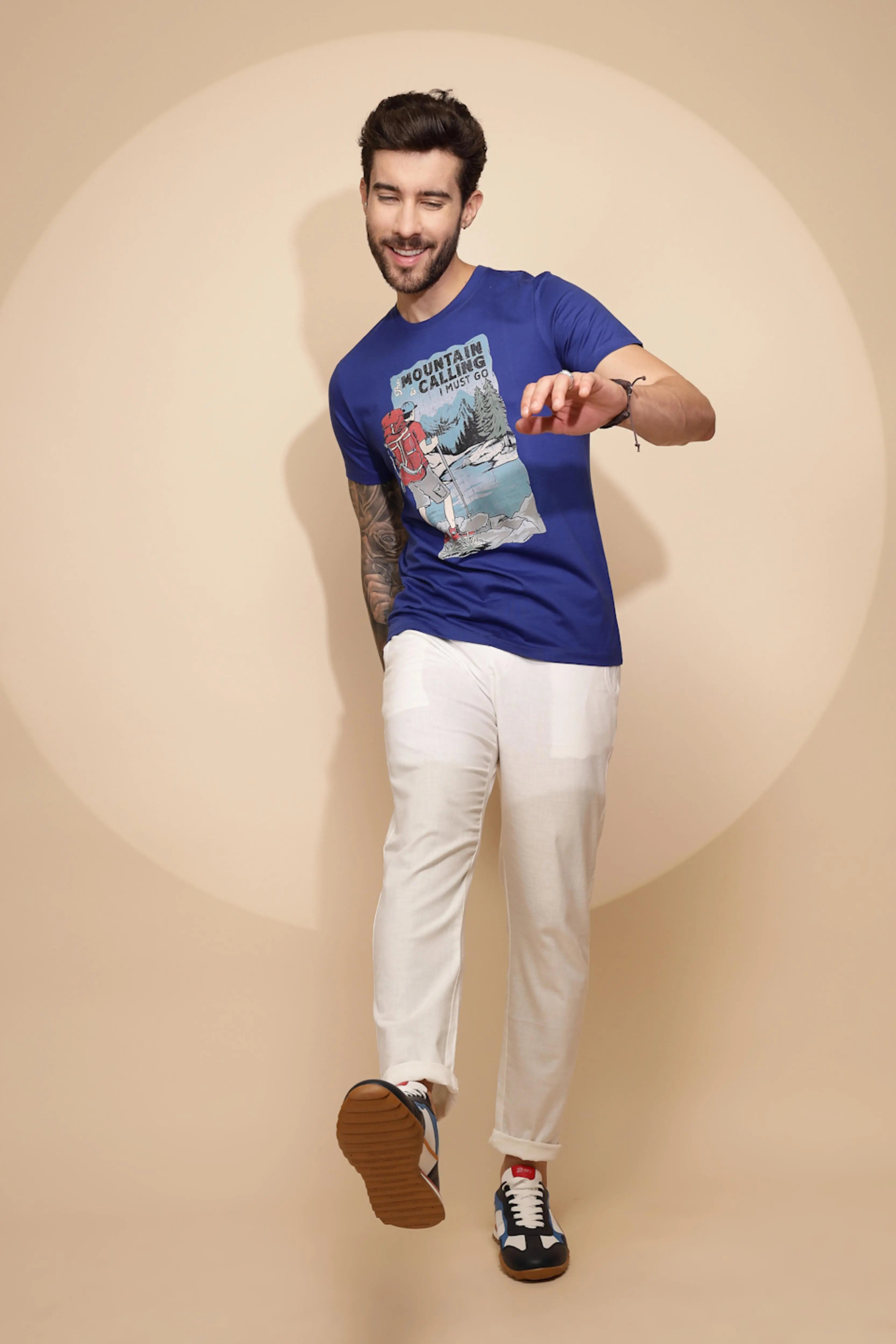 Blue Cotton Regular Fit T-Shirt For Men