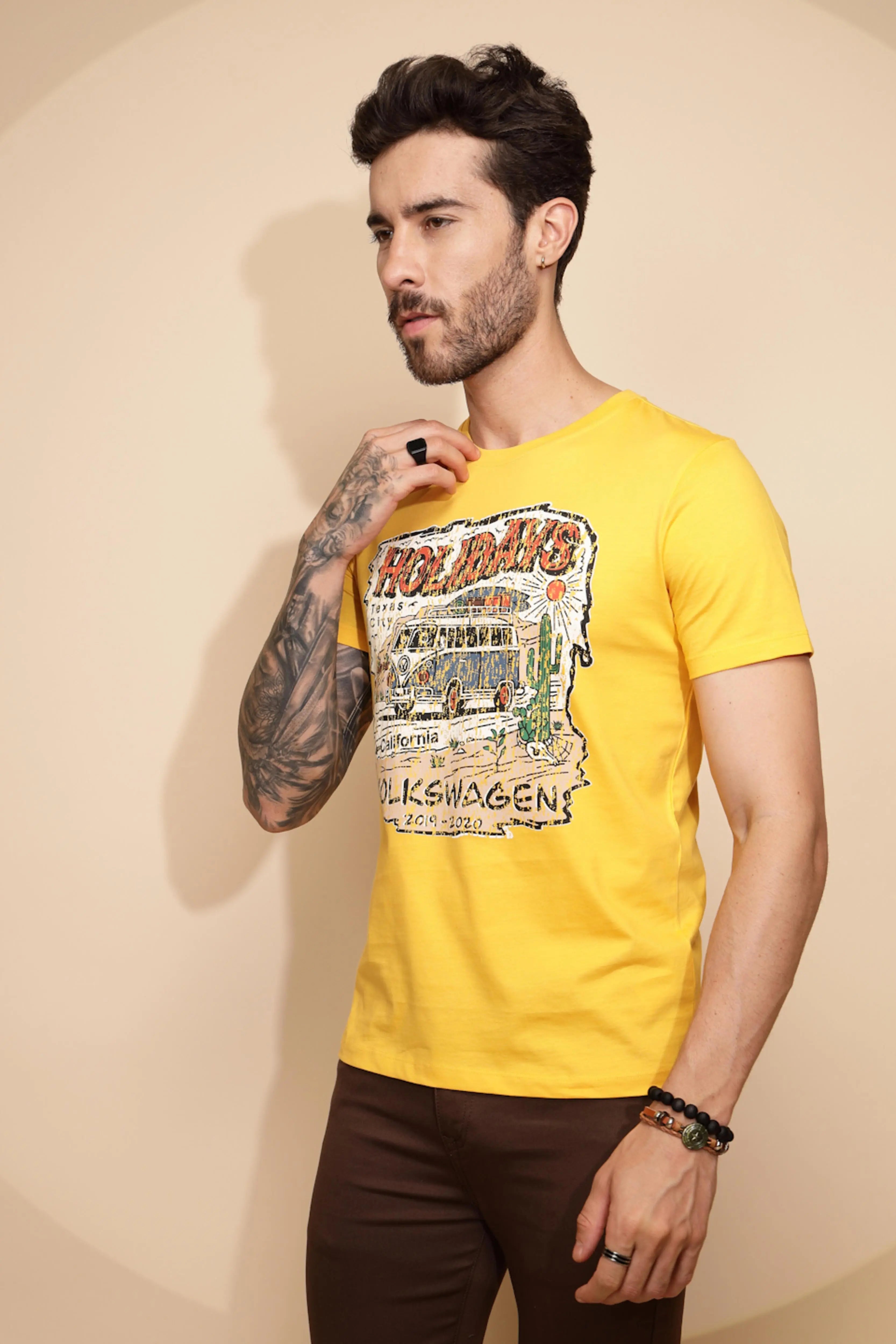 Yellow Cotton Regular Fit T-Shirt For Men - Global Republic