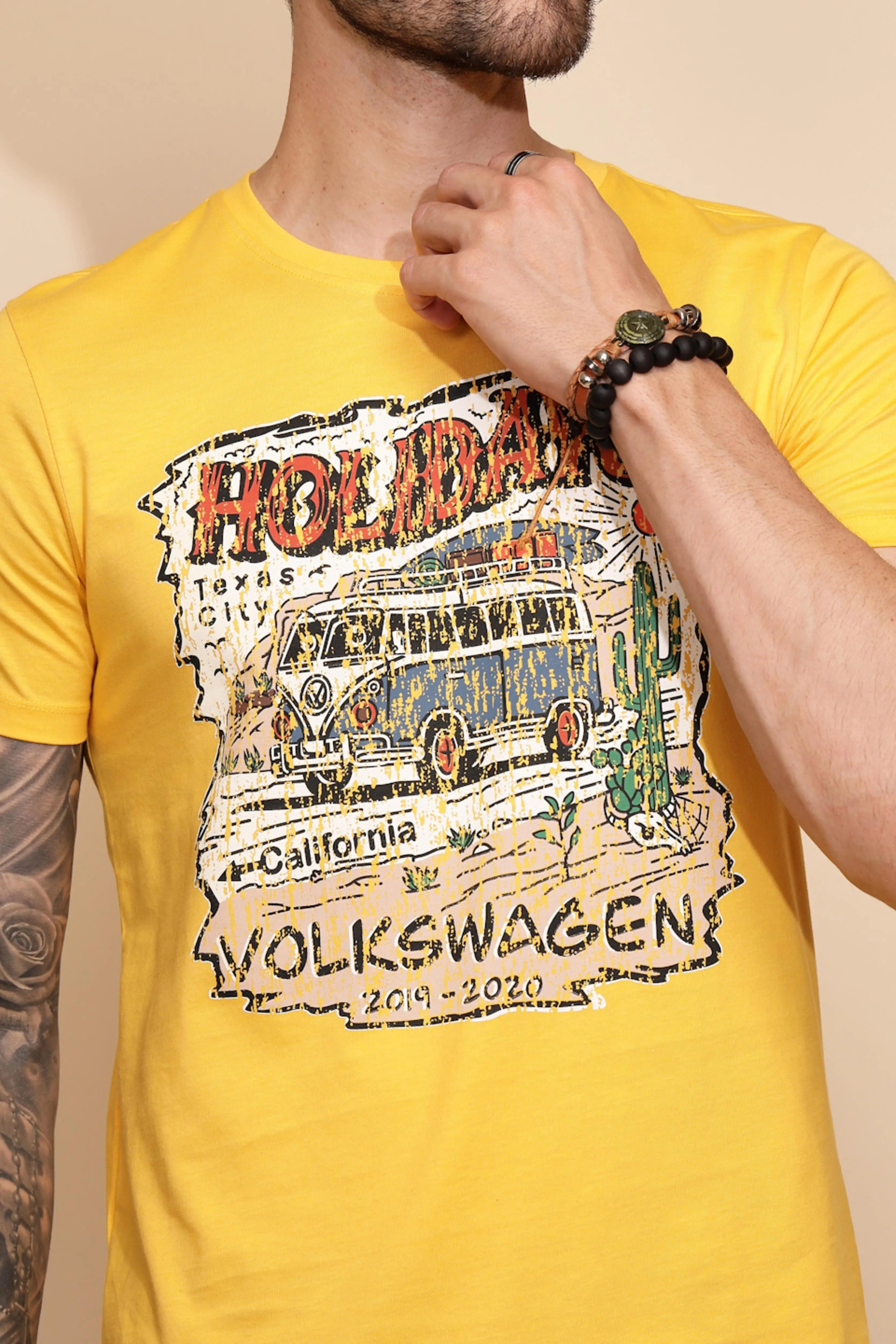 Yellow Cotton Regular Fit T-Shirt For Men - Global Republic