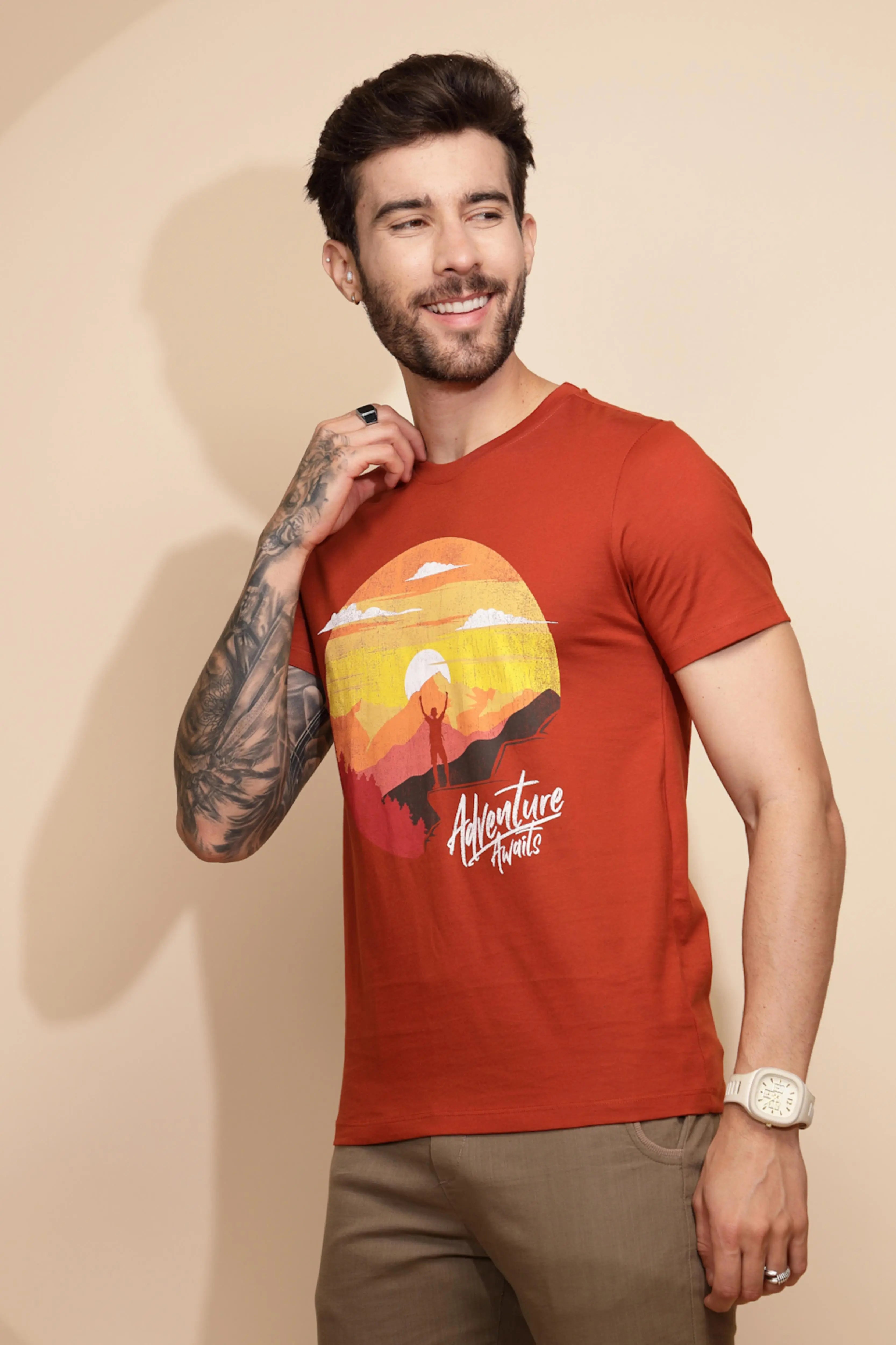 Orange Cotton Regular Fit T-Shirt