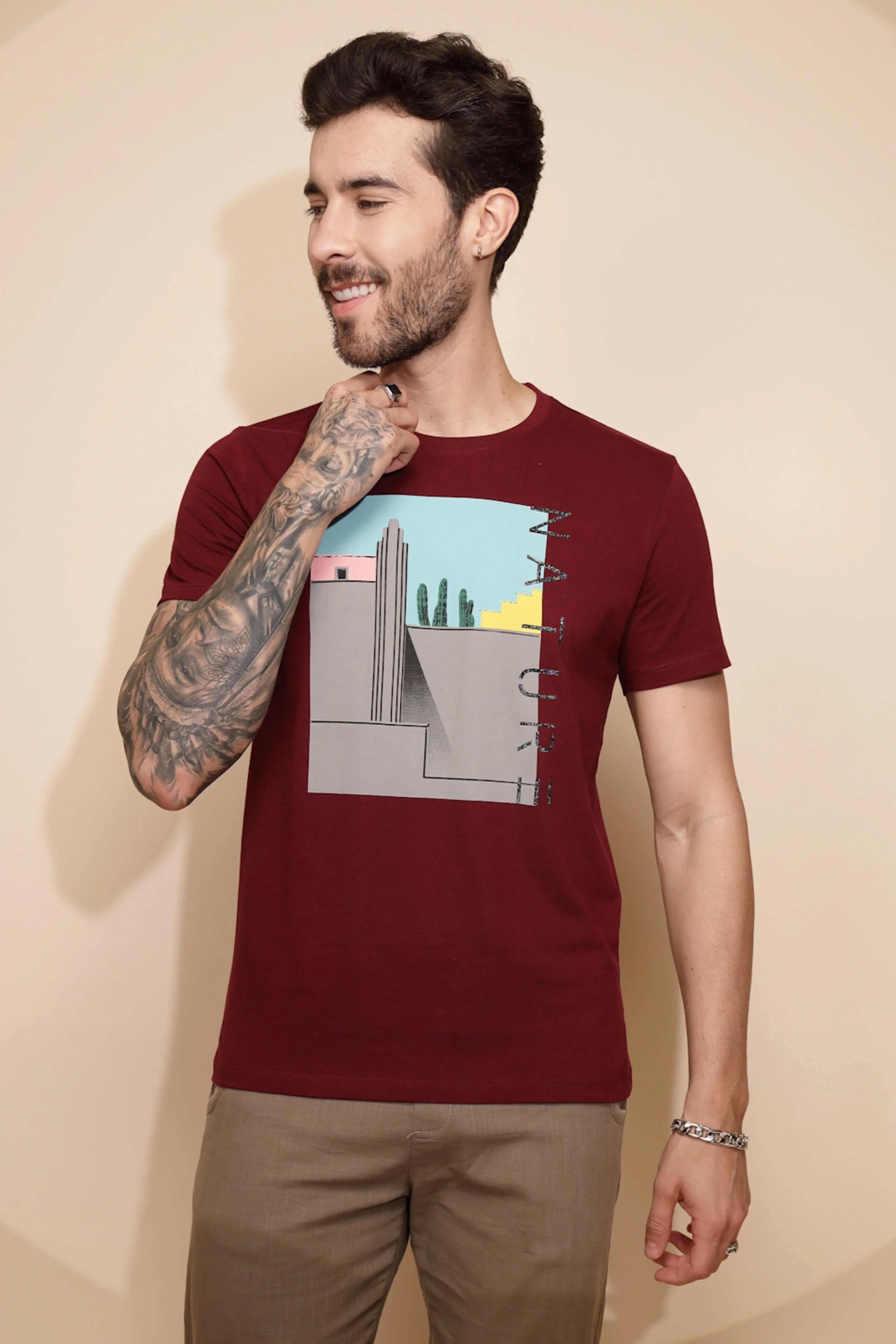 Maroon Cotton Regular Fit T-Shirt - Global Republic