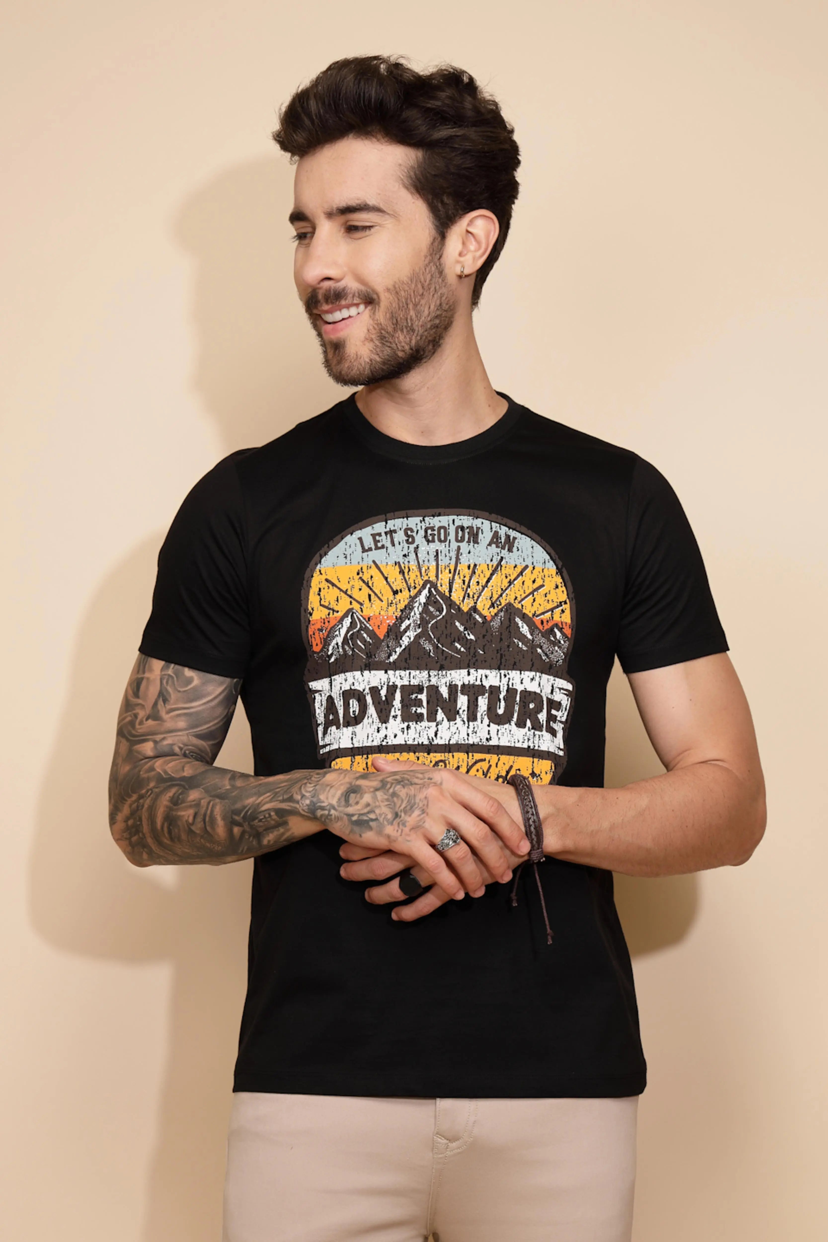 Black Cotton Regular Fit T-Shirt - Global Republic