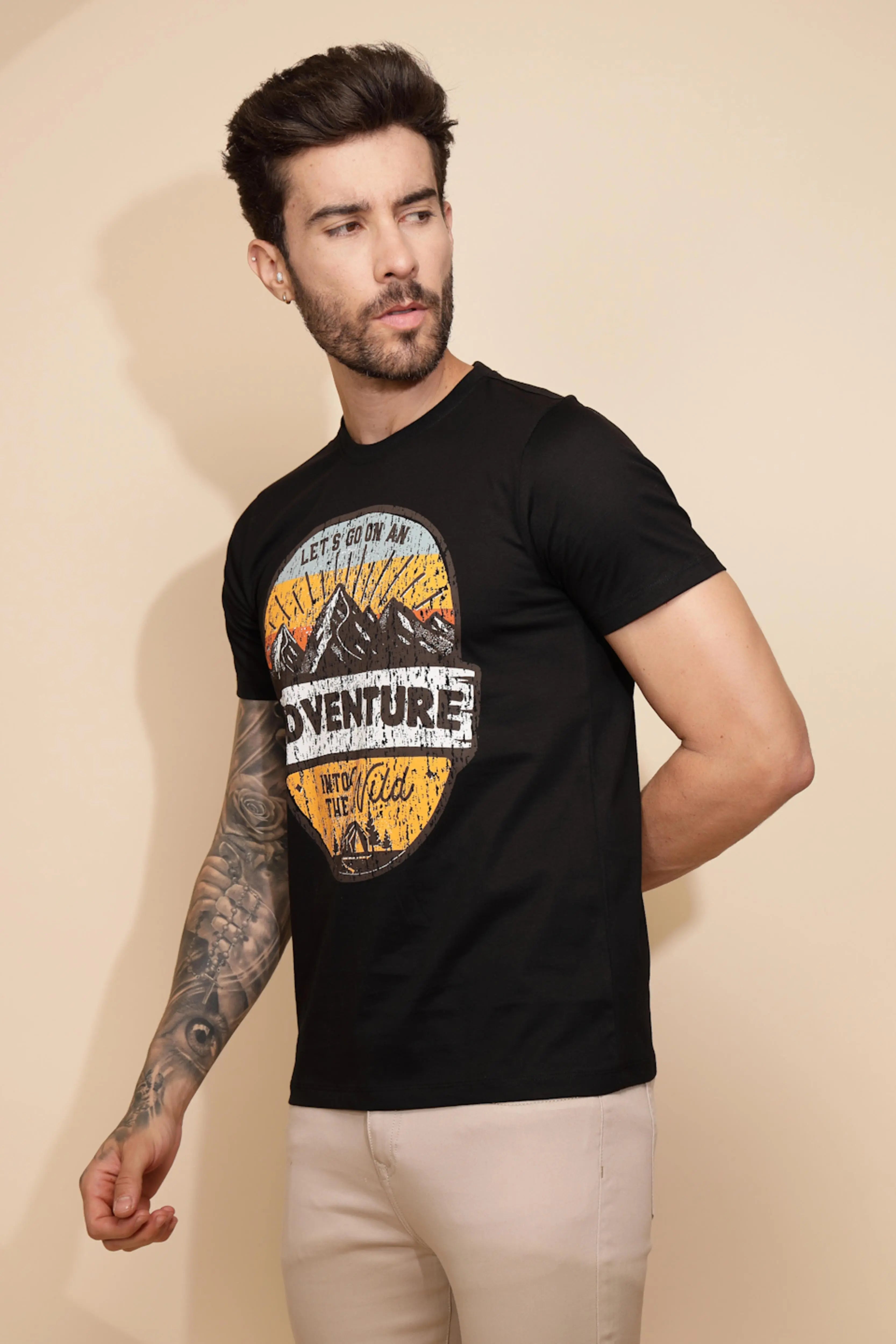 Black Cotton Regular Fit T-Shirt - Global Republic