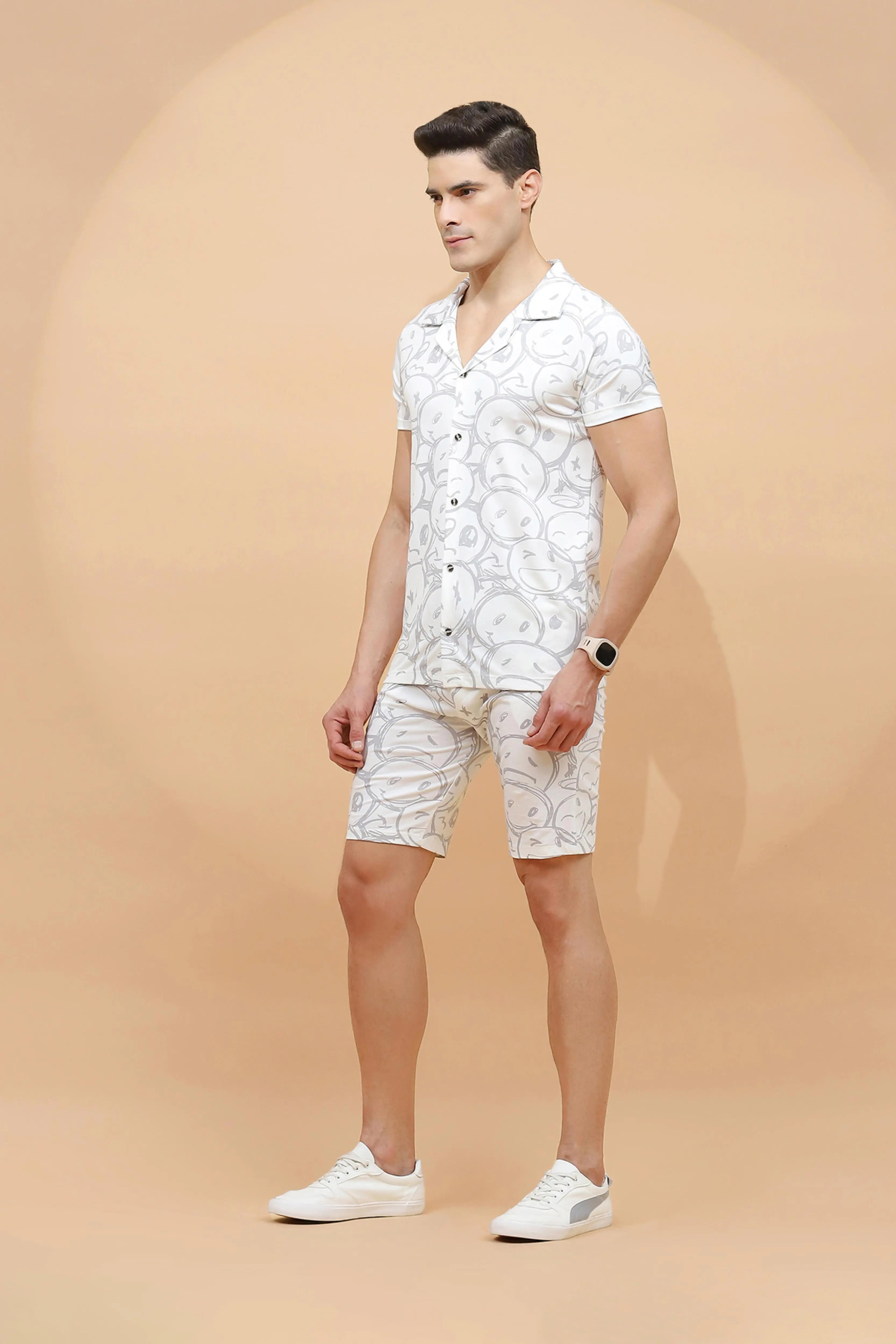 White Viscose Blend Regular Fit Shorts Set For Men - Global Republic