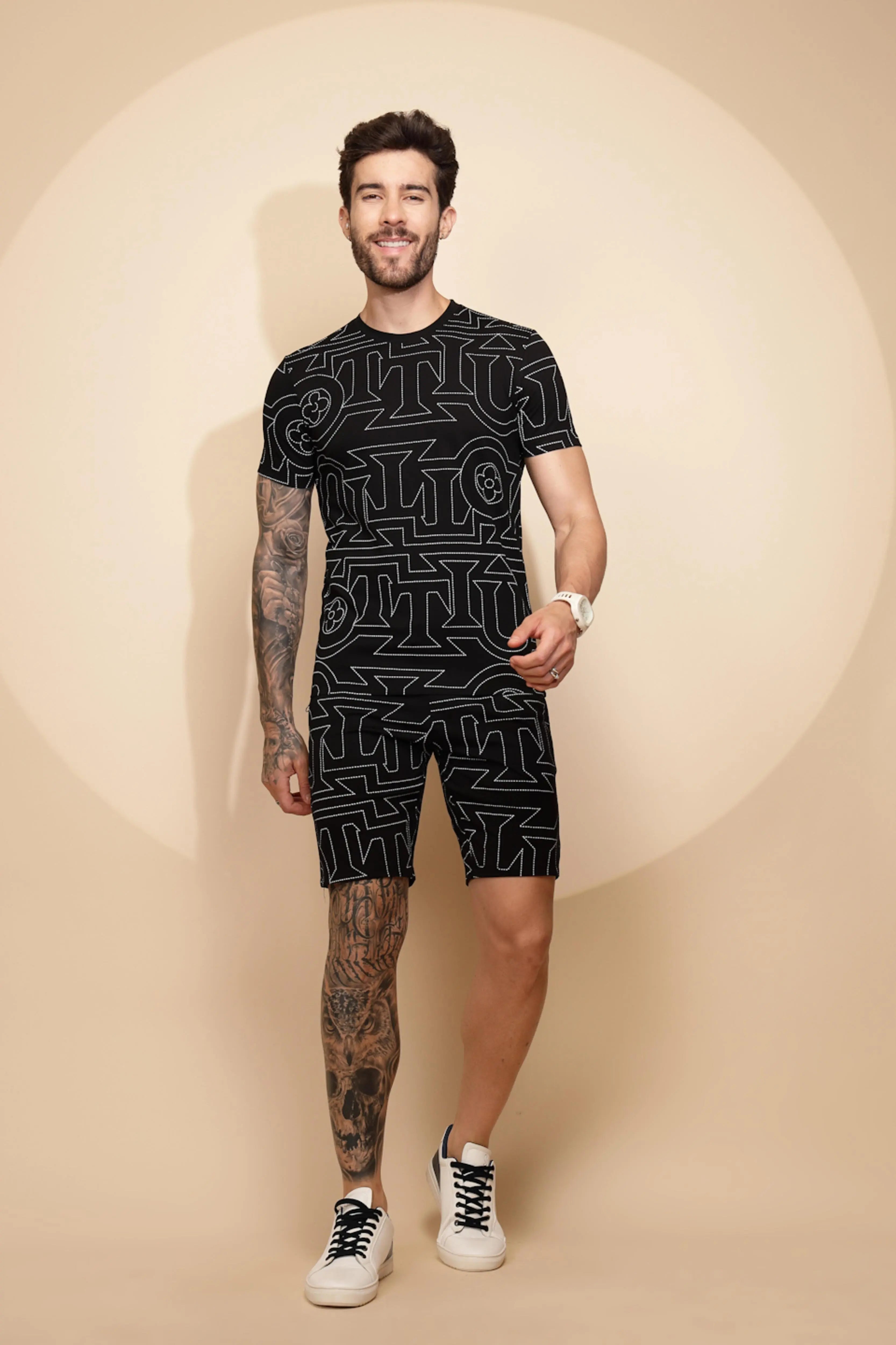 Black Viscose Blend Regular Fit Shorts Set For Men - Global Republic