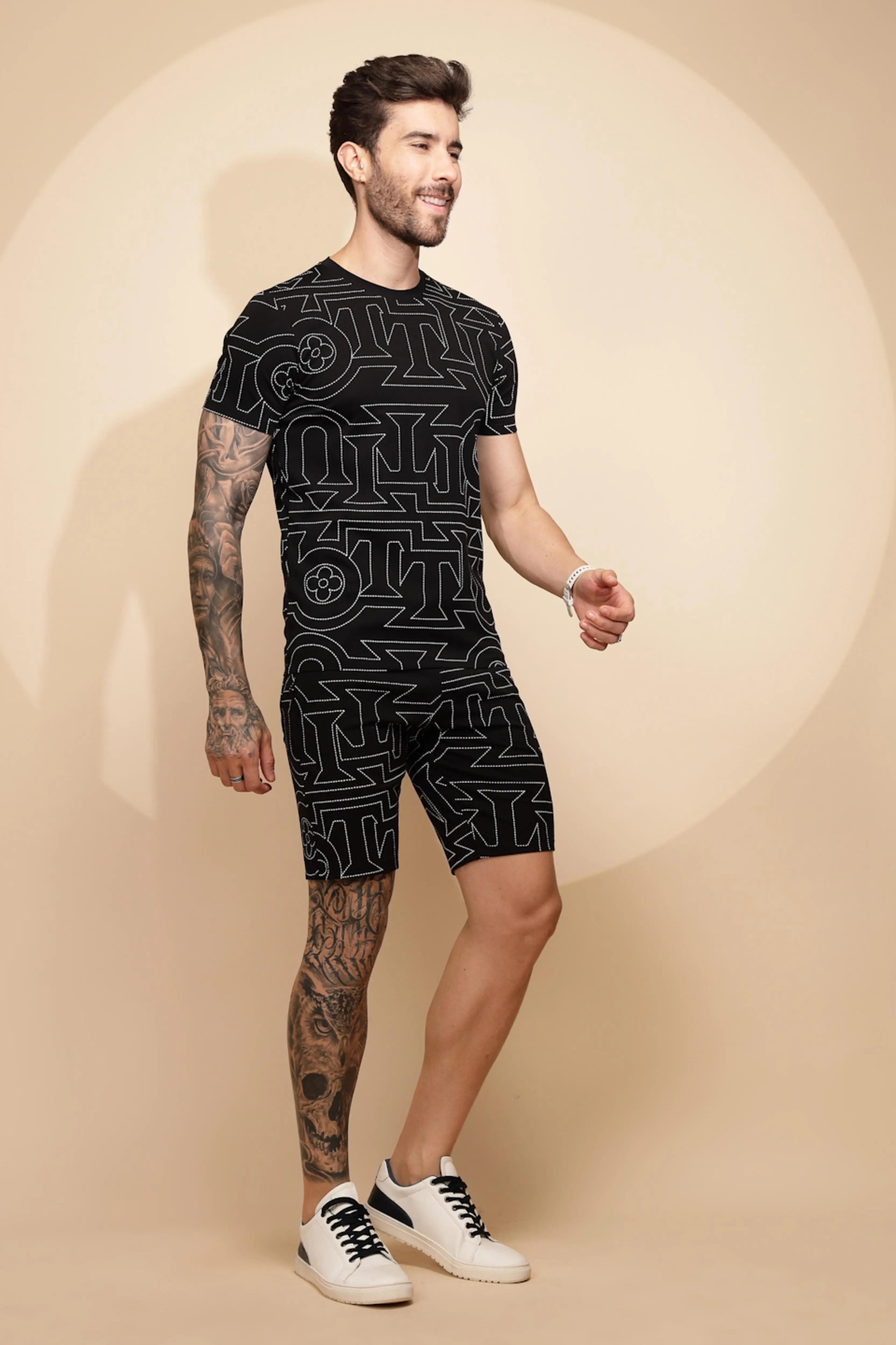 Black Viscose Blend Regular Fit Shorts Set For Men - Global Republic
