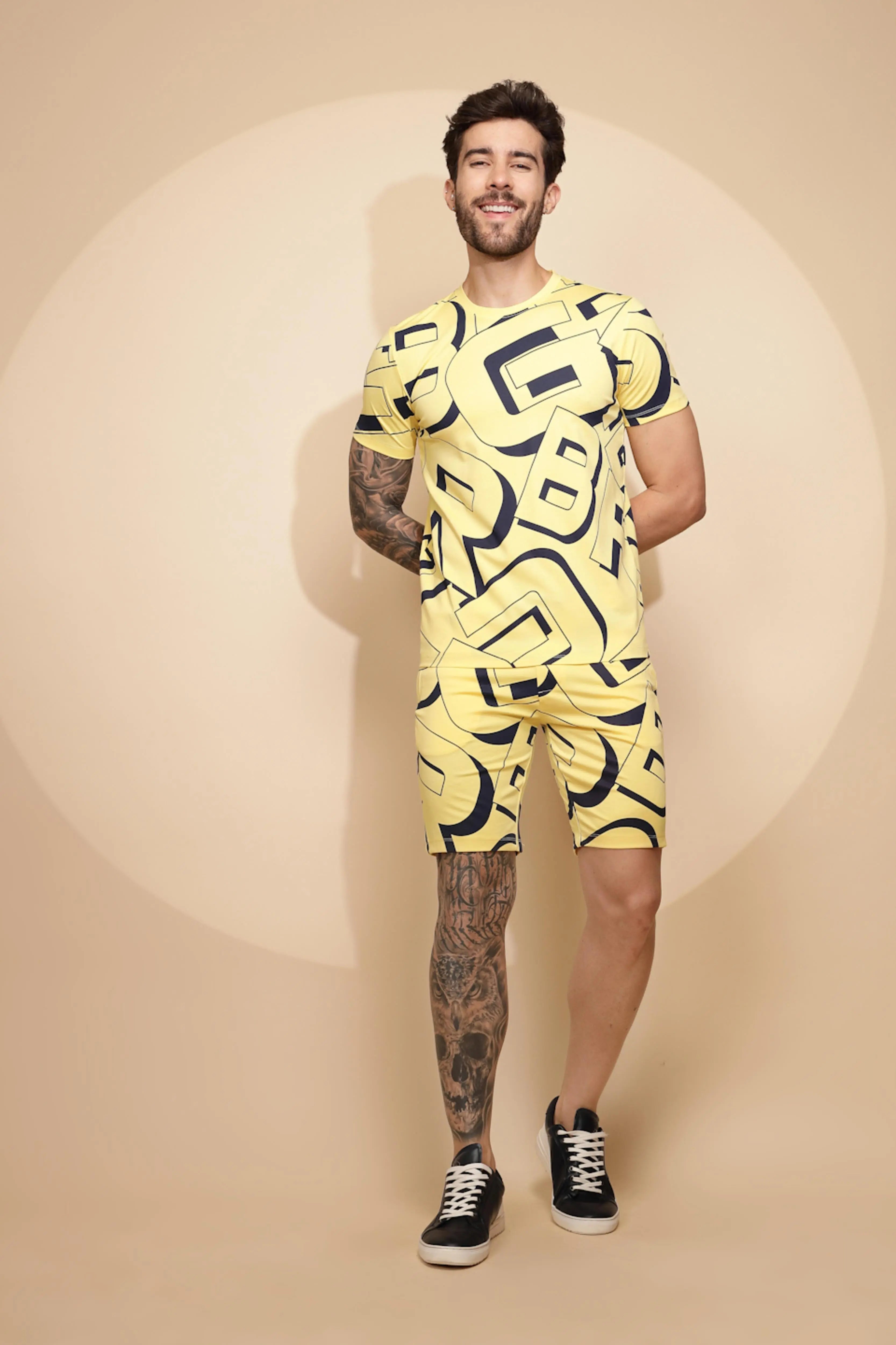 Yellow Viscose Blend Regular Fit Shorts Set For Men - Global Republic