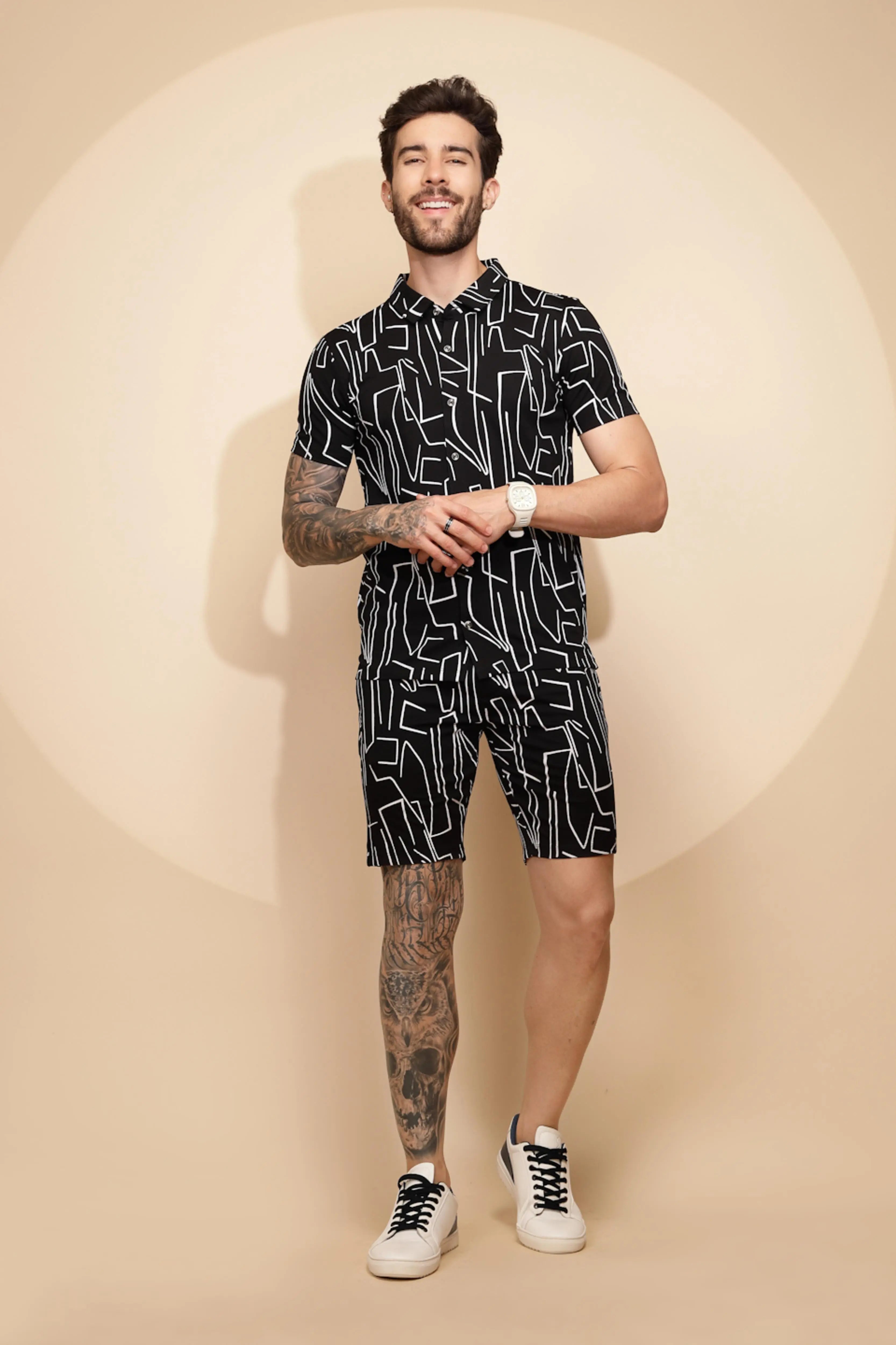 Black Viscose Blend Regular Fit Shorts Set - Global Republic
