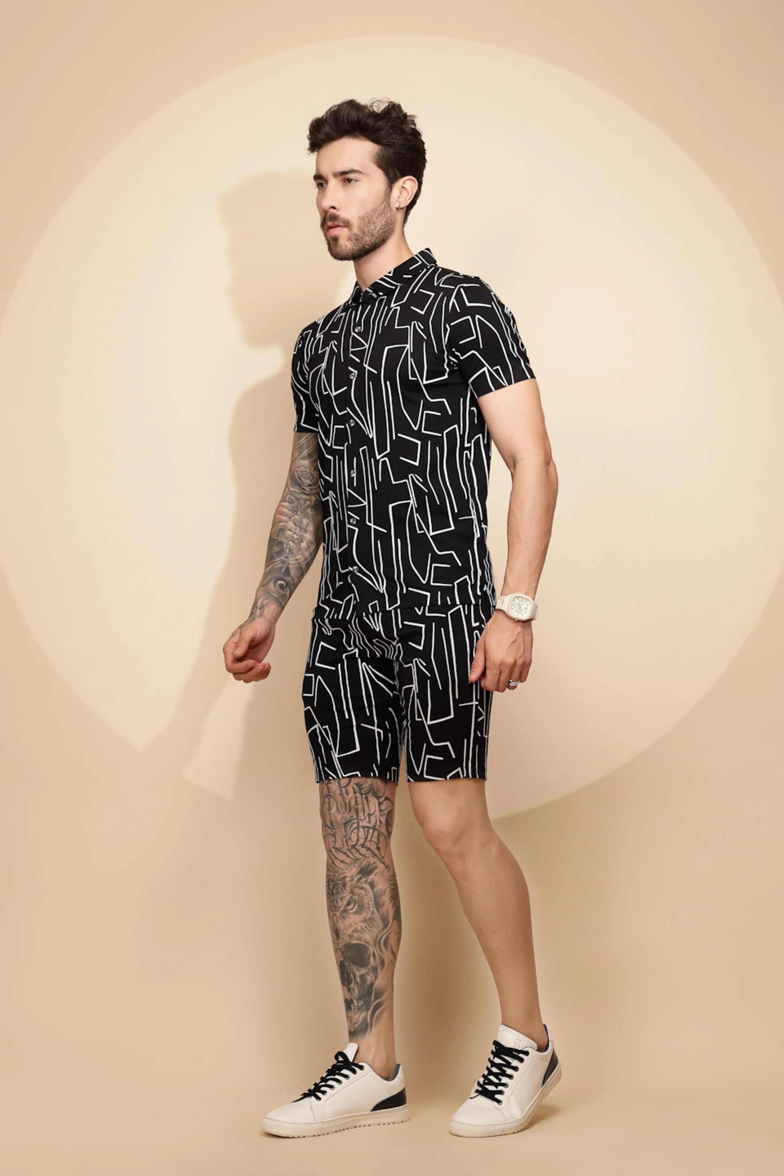 Black Viscose Blend Regular Fit Shorts Set - Global Republic