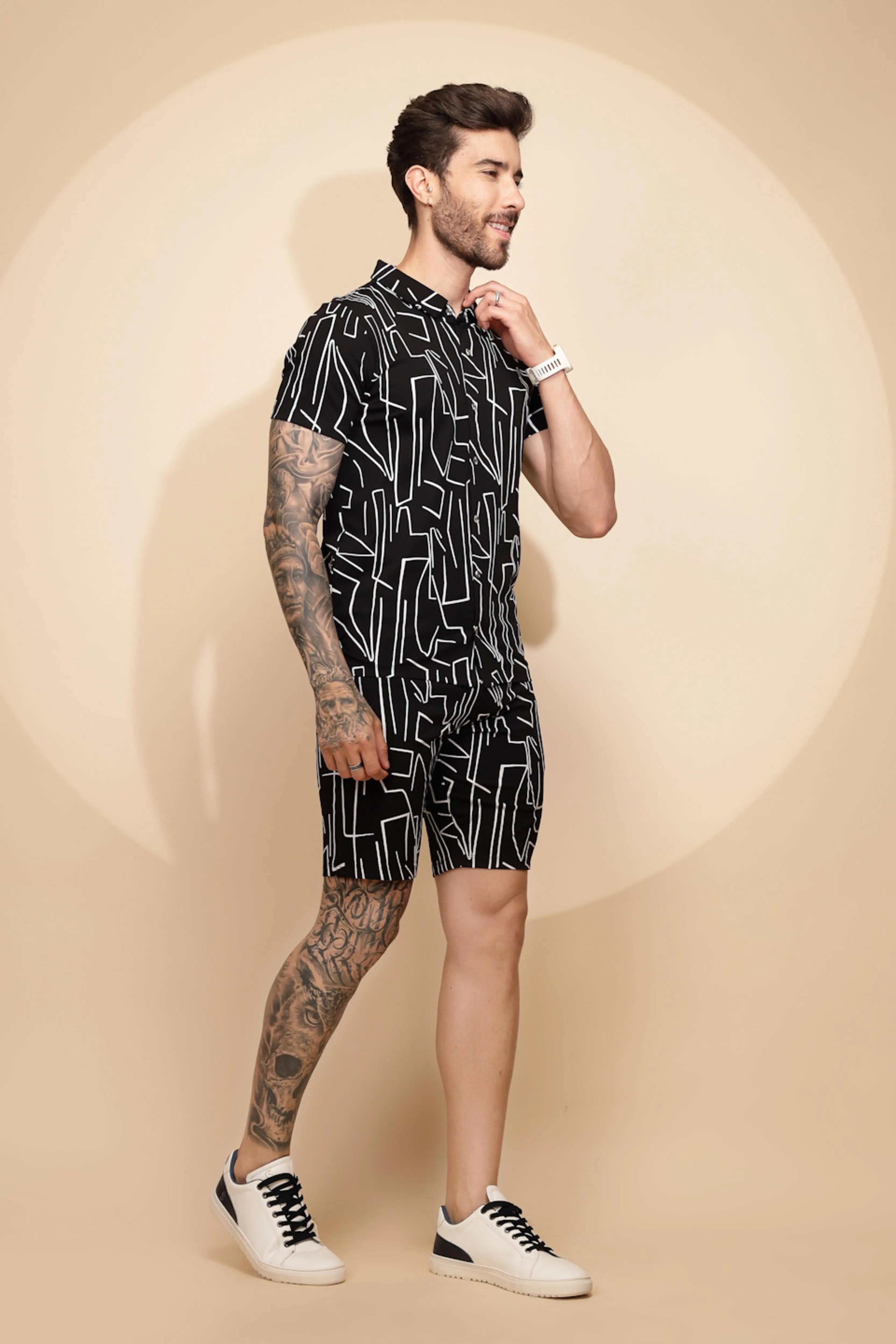 Black Viscose Blend Regular Fit Shorts Set - Global Republic