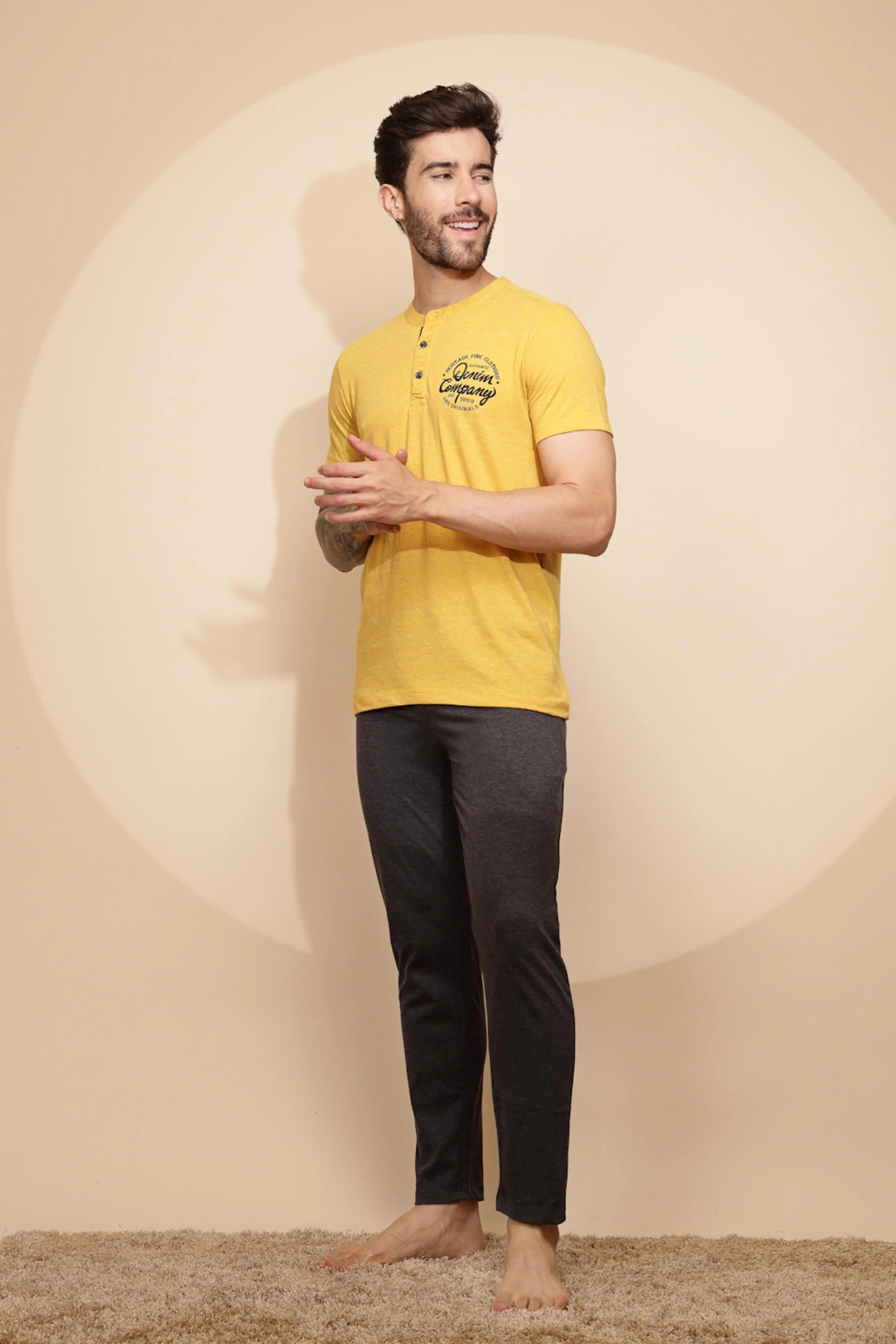 Yellow Cotton Slim Fit Night Suit Set - Global Republic