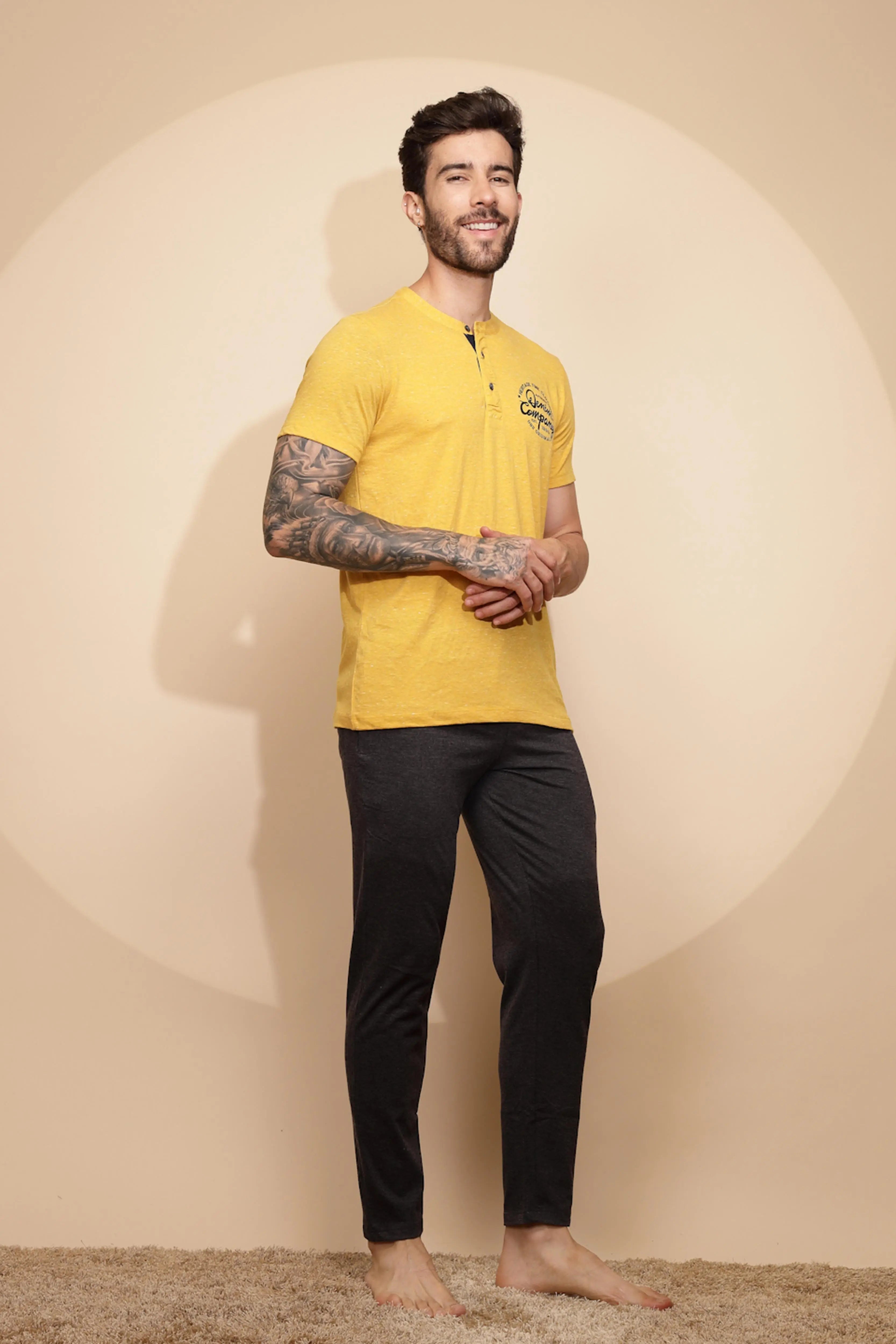 Yellow Cotton Slim Fit Night Suit Set - Global Republic