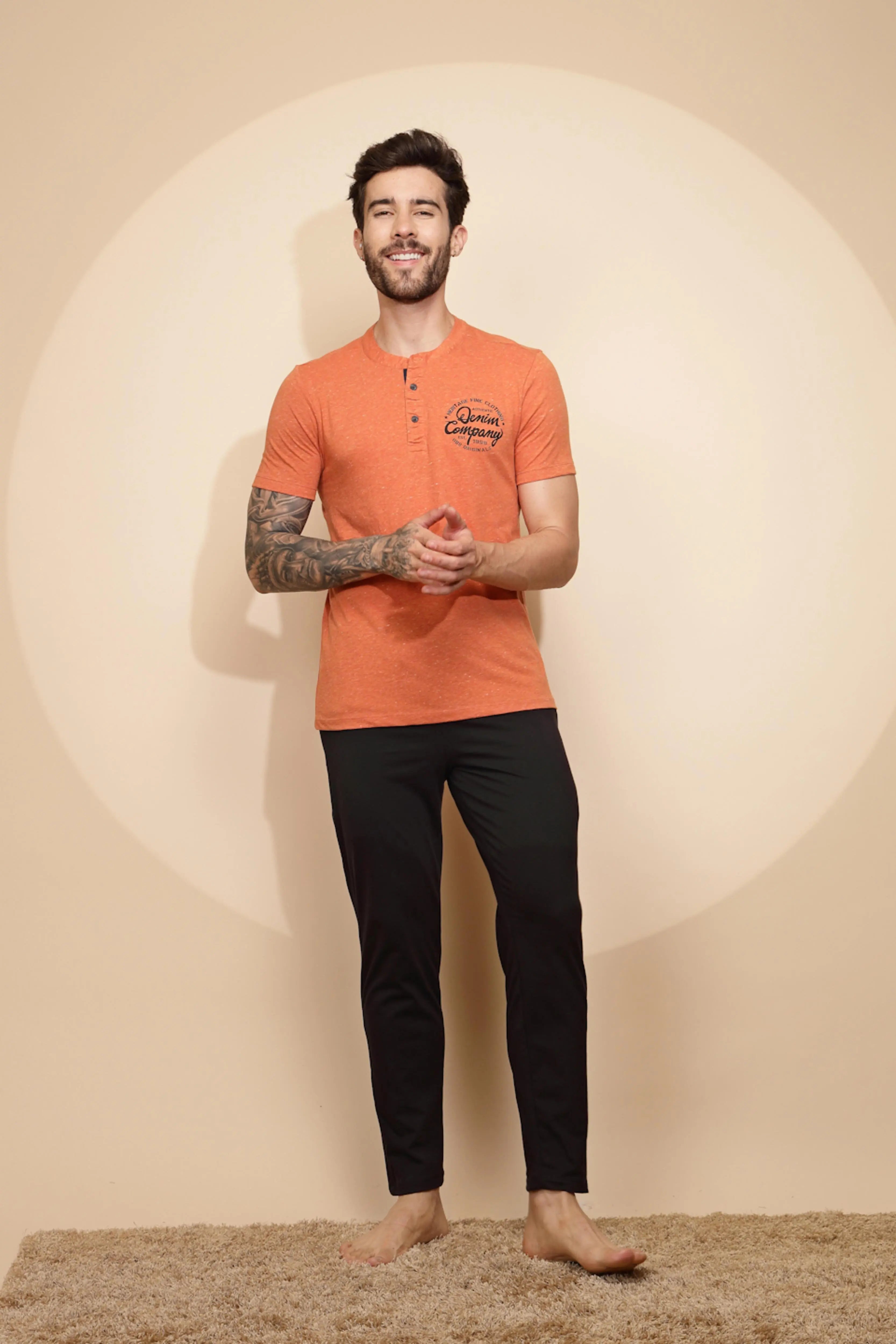 Orange Cotton Slim Fit Night Suit Set - Global Republic