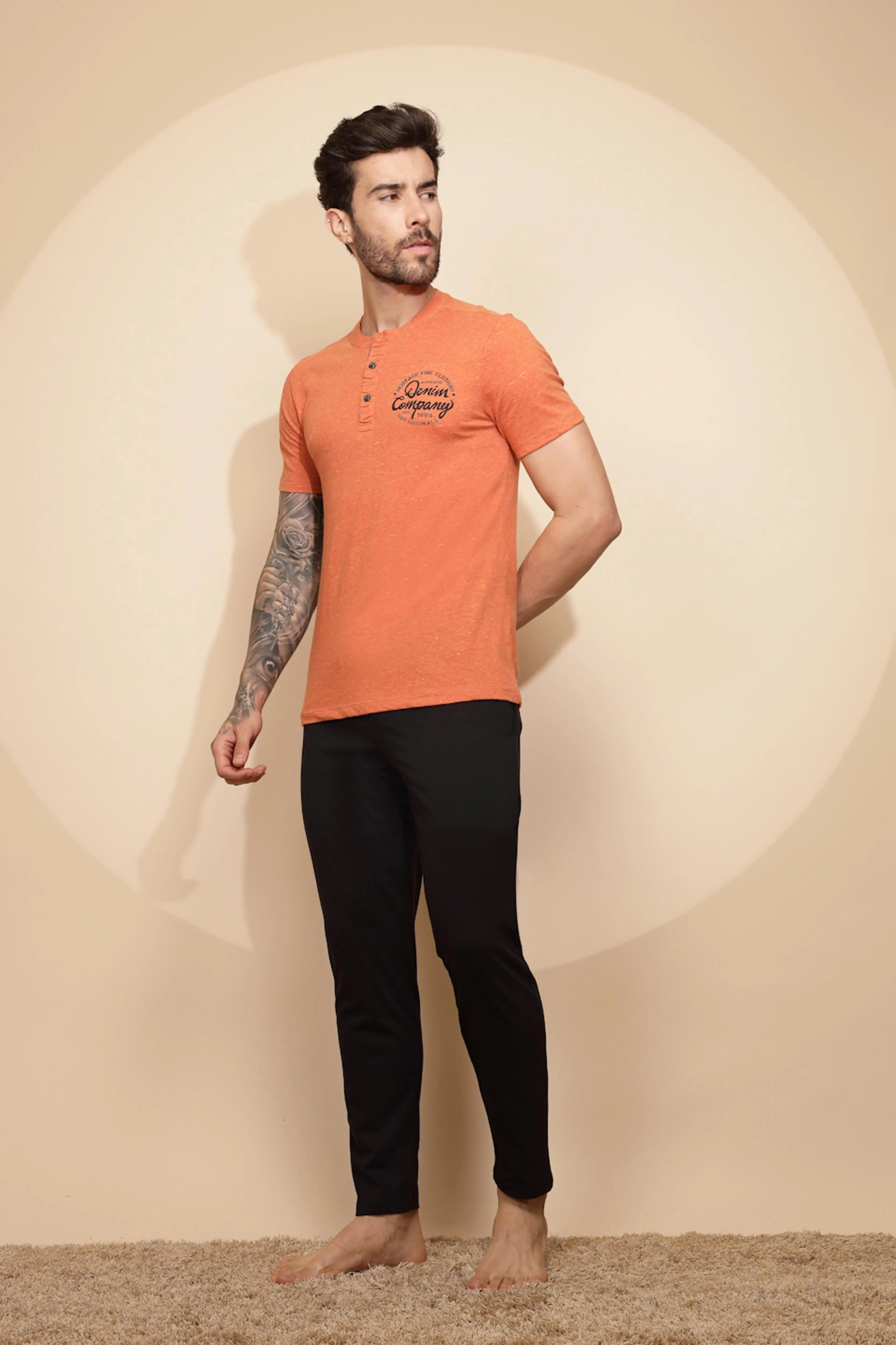 Orange Cotton Slim Fit Night Suit Set - Global Republic