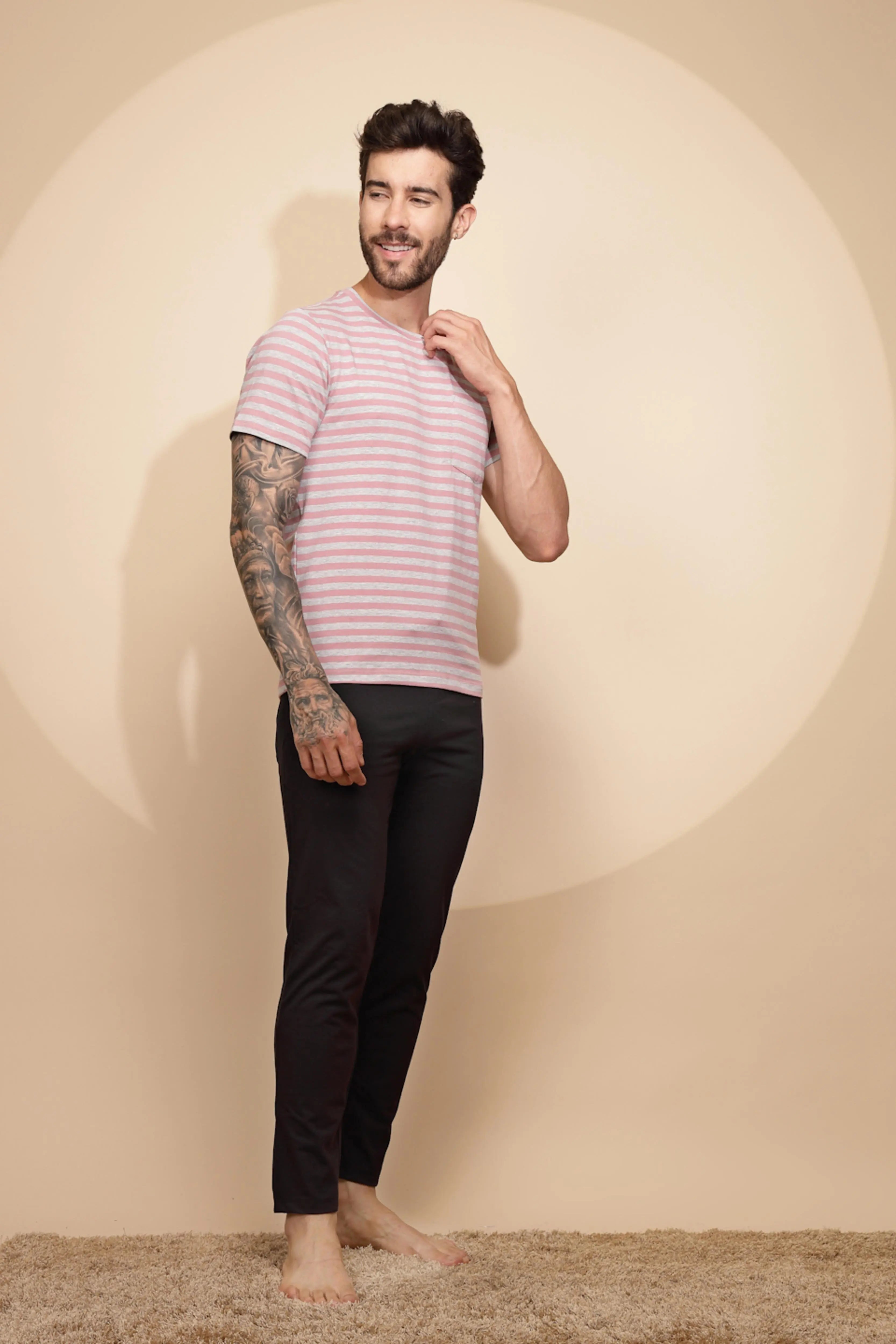 Pink Cotton Blend Slim Night Suit Set - Global Republic