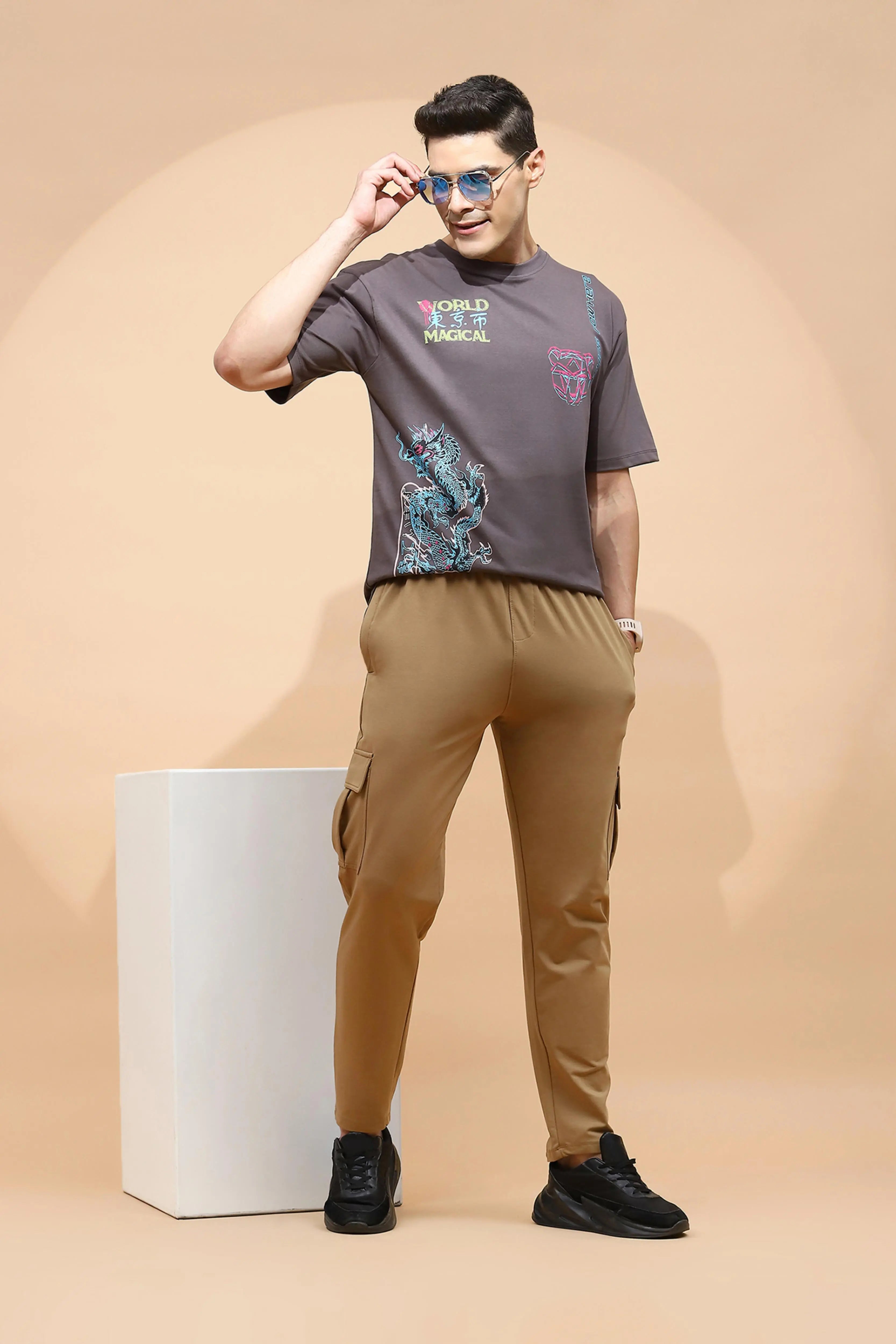 Khaki Cotton Regular Fit Cargo For Men - Global Republic