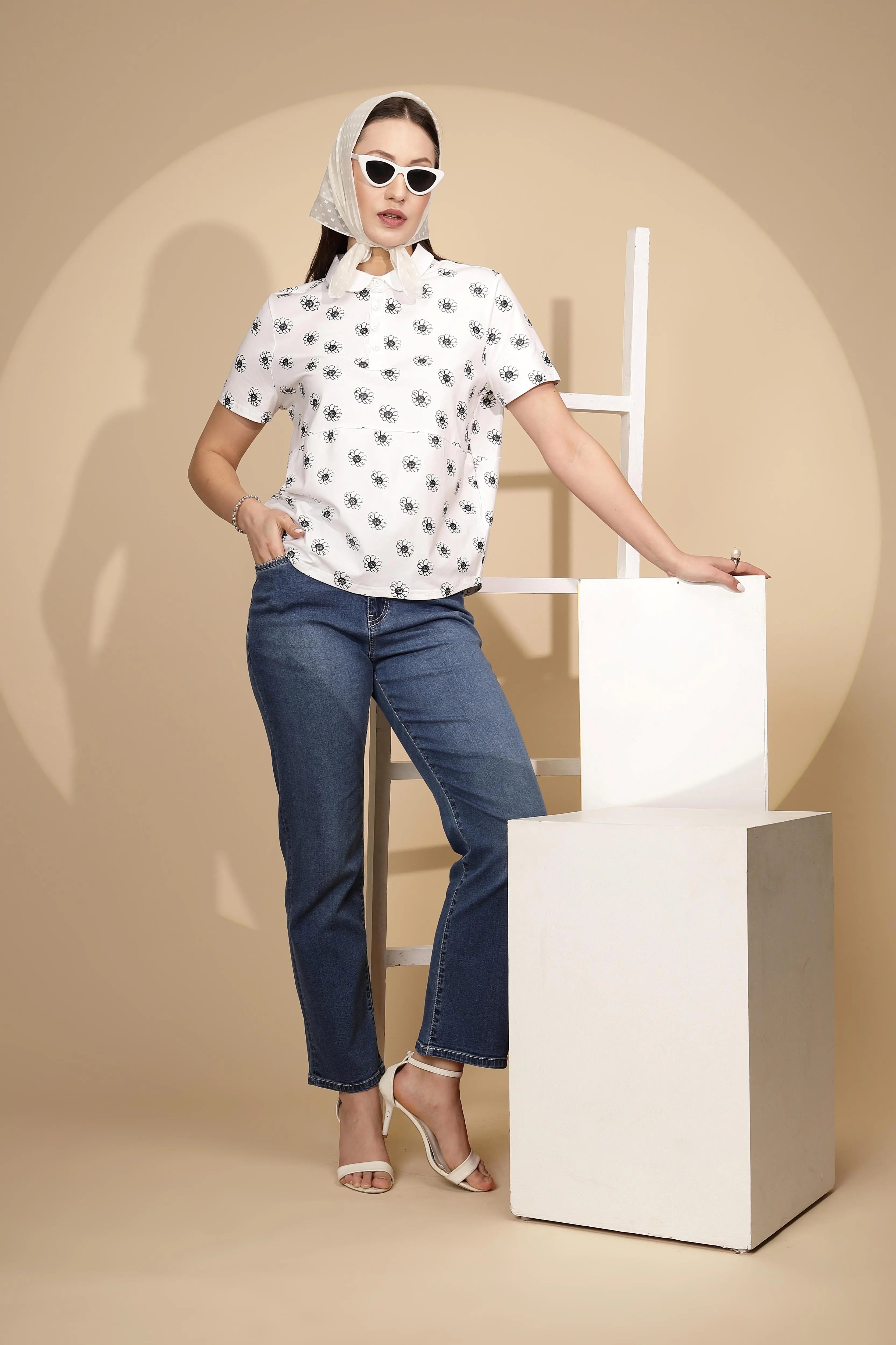 White Cotton Blend Loose Top - Global Republic