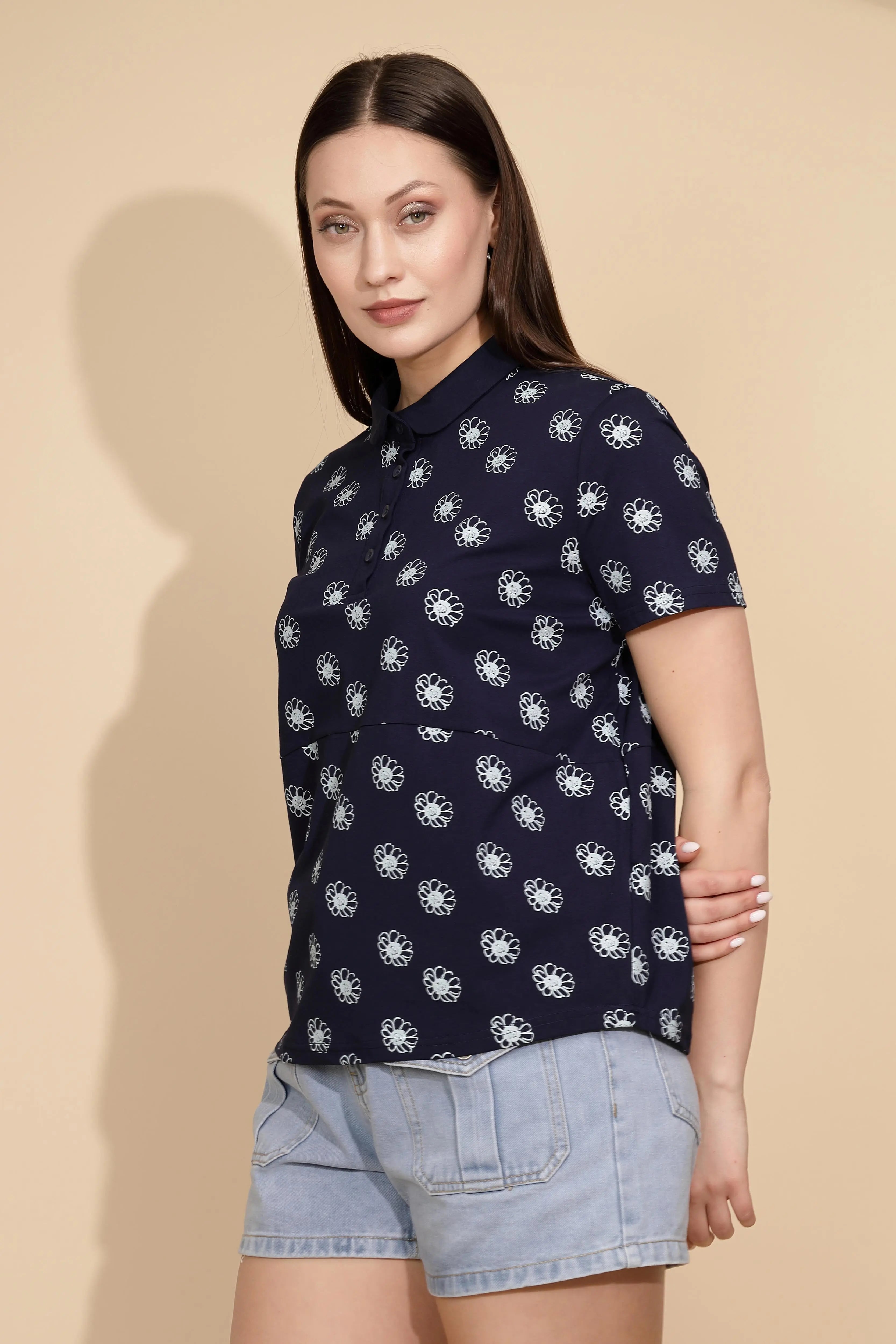 Navy Cotton Printed Loose Top - Global Republic