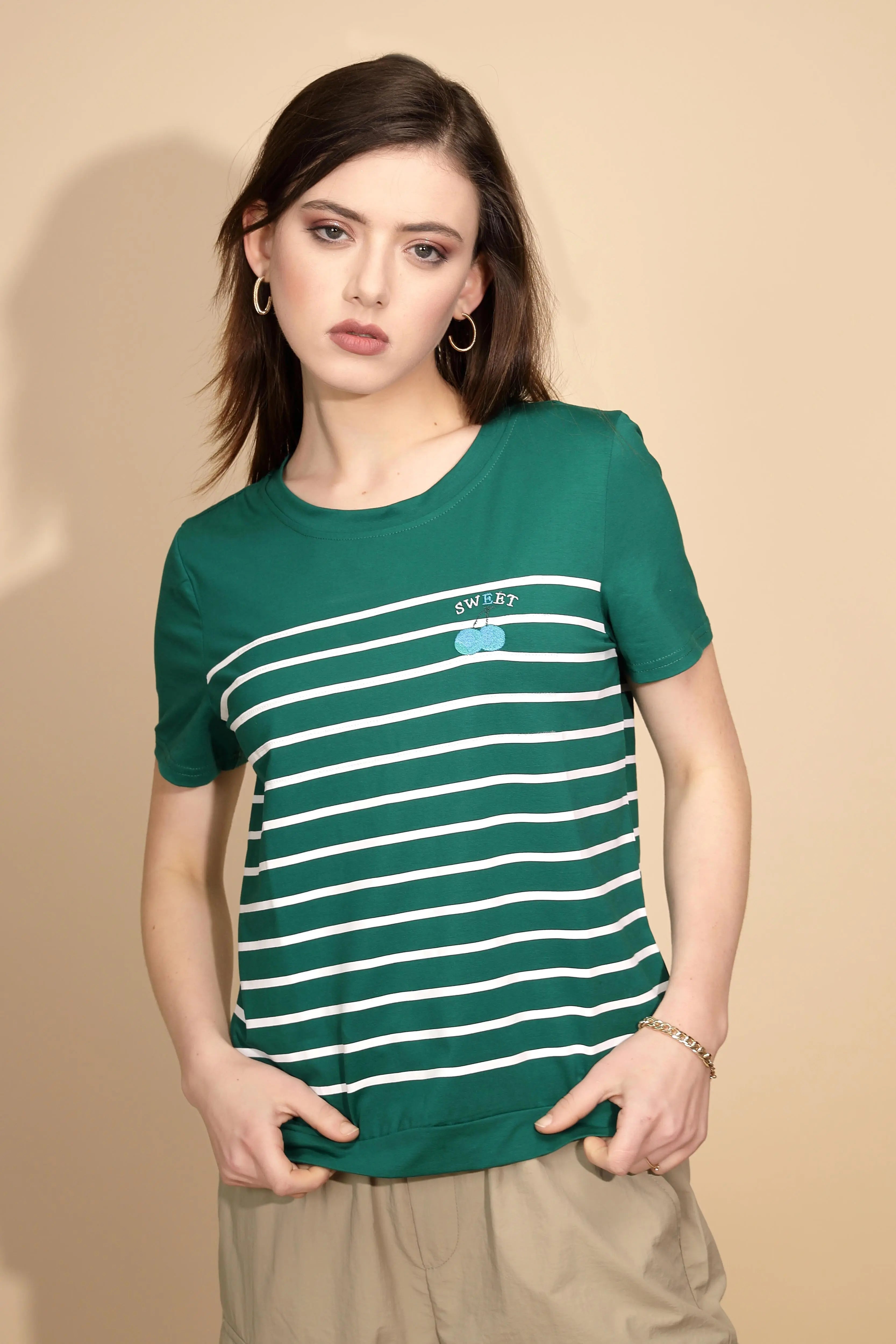 Green Striped Cotton Blend Top - Global Republic