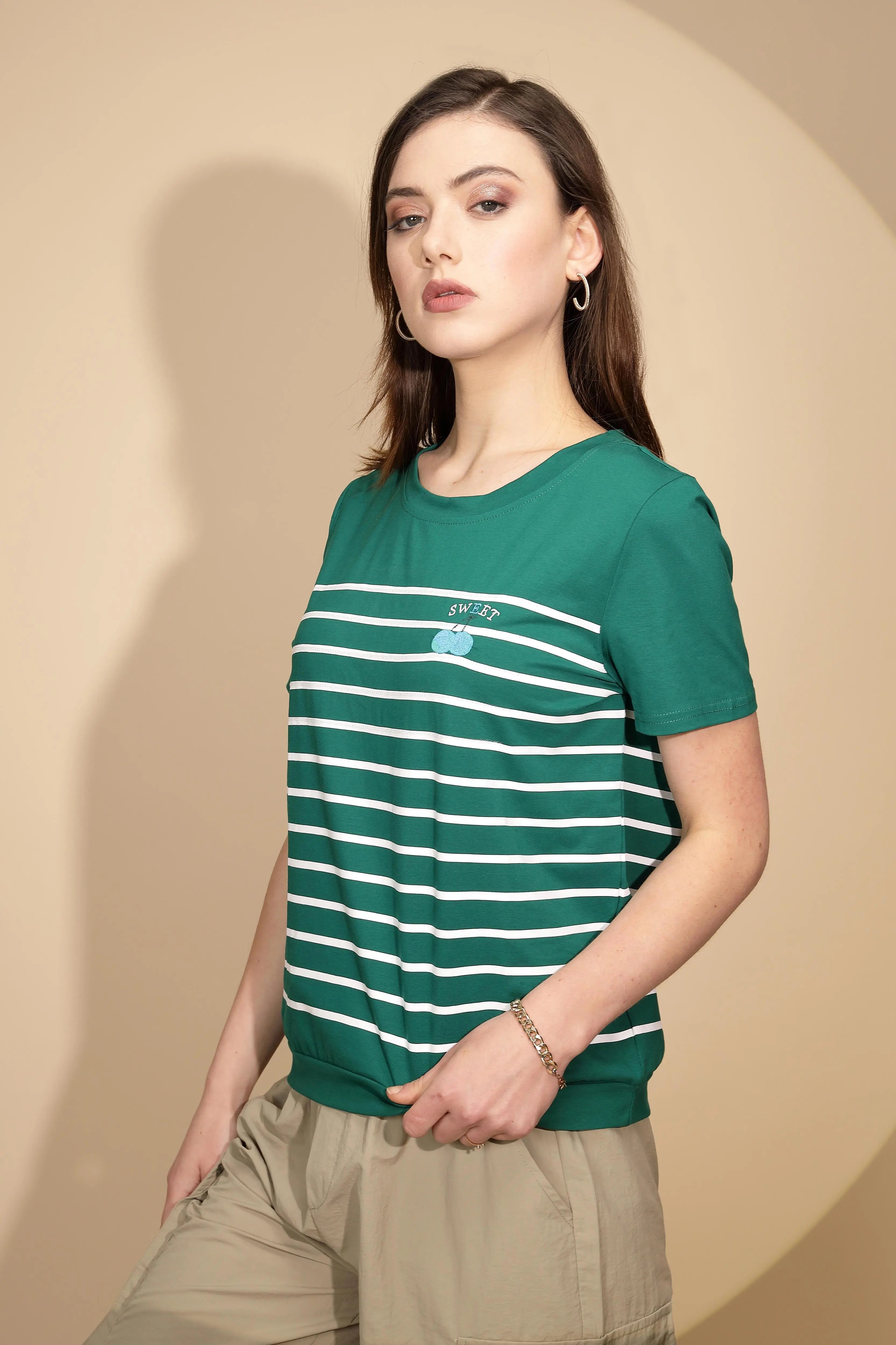 Green Striped Cotton Blend Top - Global Republic