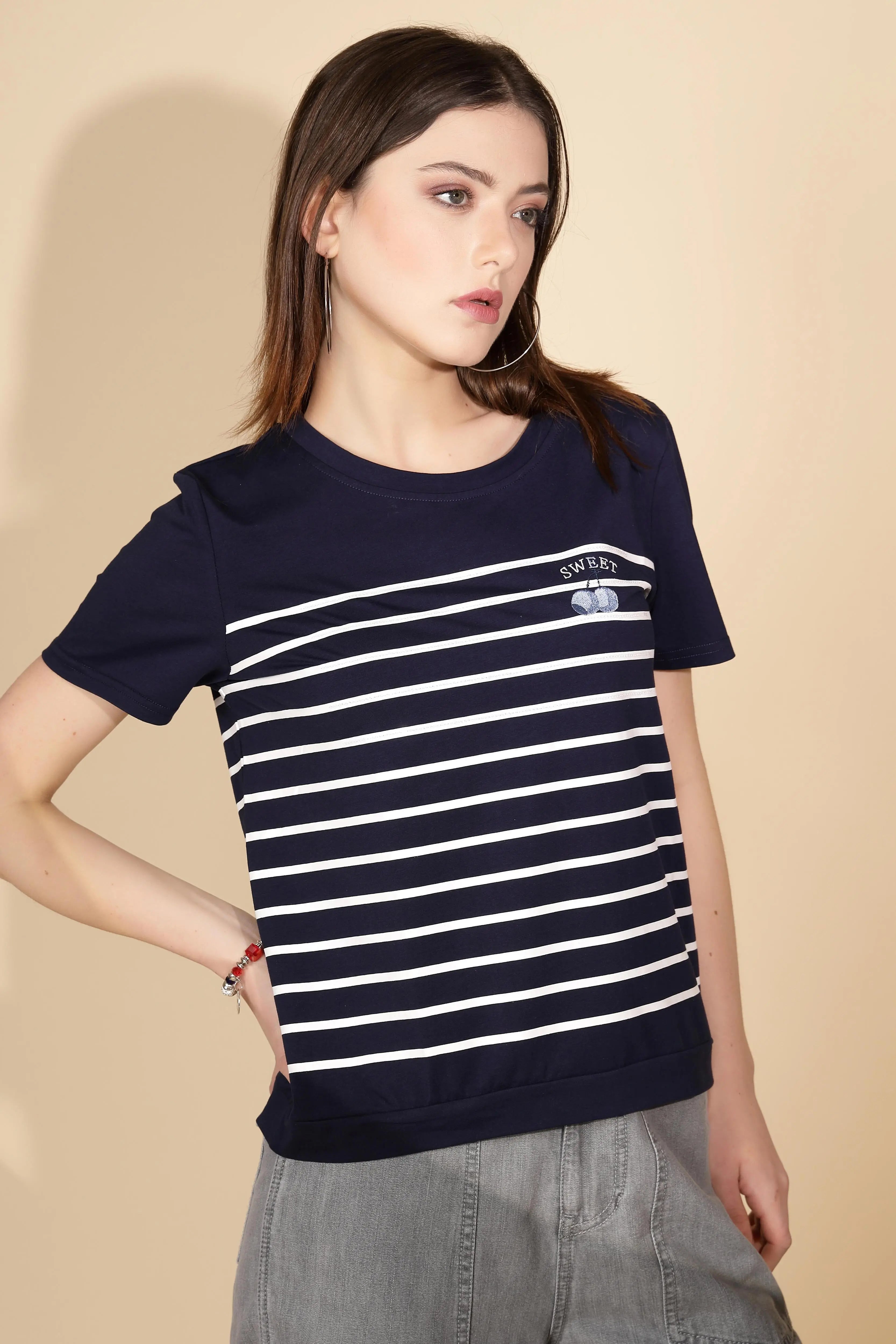 Navy Blue Cotton Blend Striped Top - Global Republic