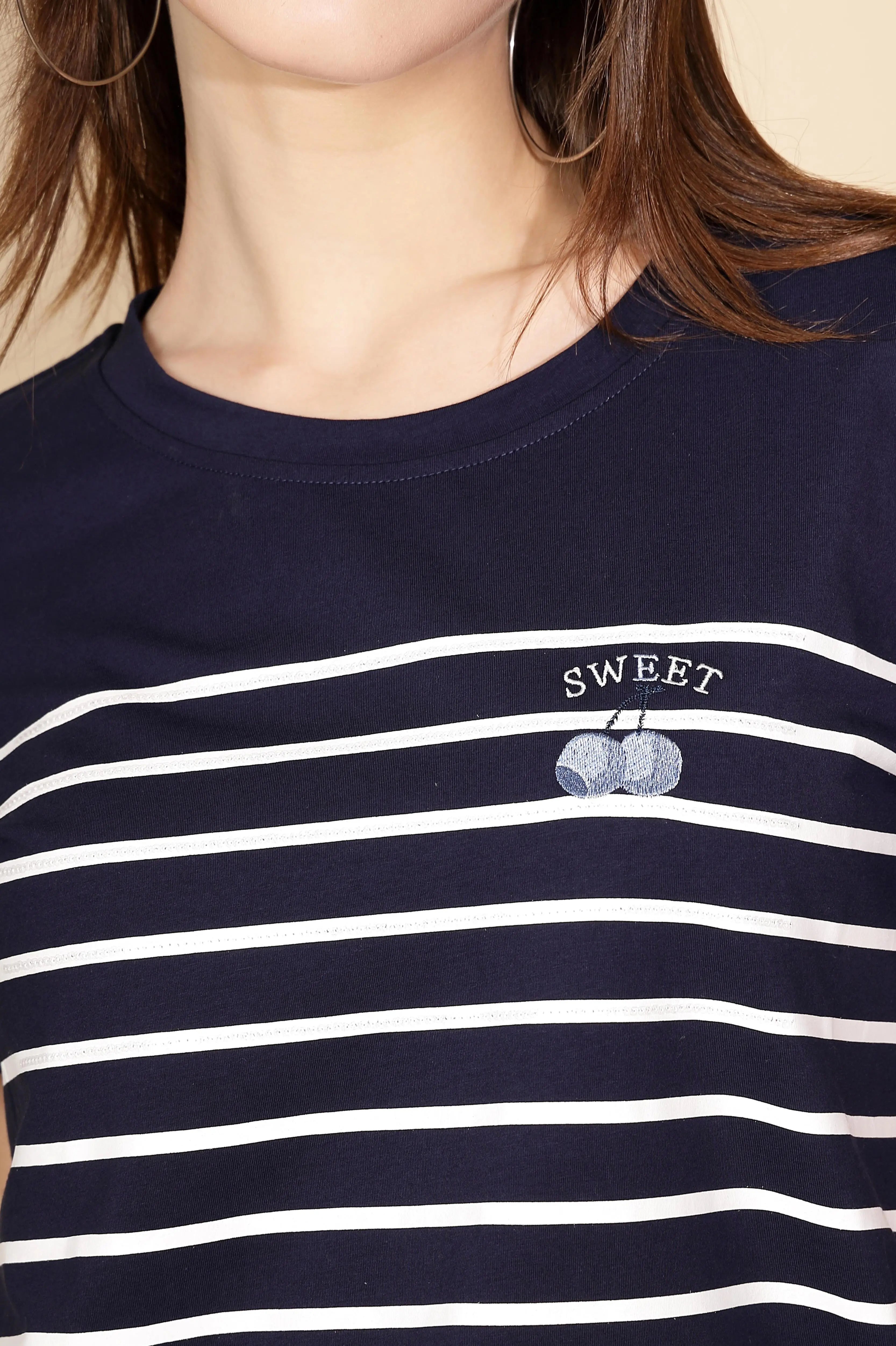 Navy Blue Cotton Blend Striped Top - Global Republic